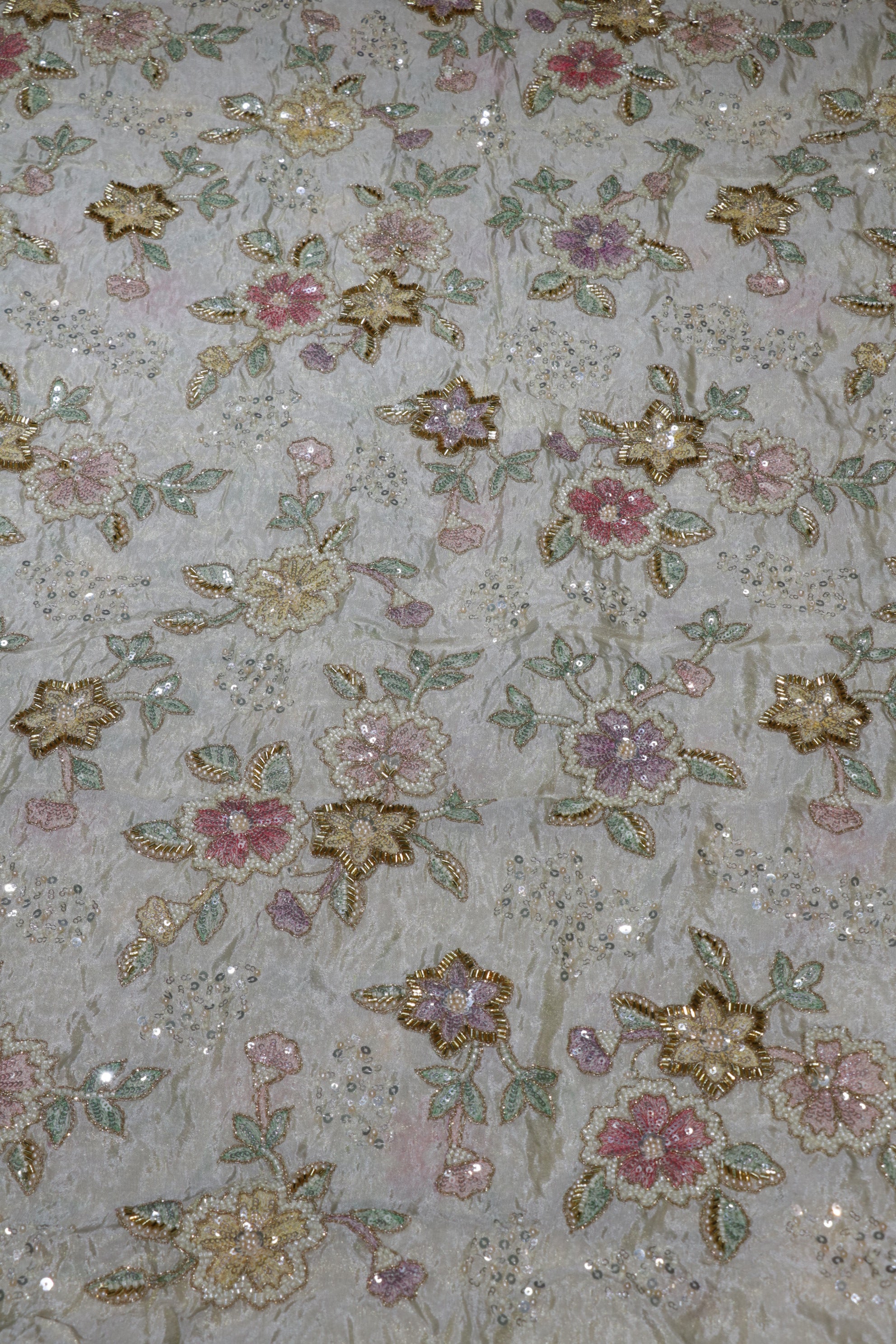 103-Dyable Beige Tissue Gold With Beads and Sequins Embroidery Work 44 Inch Width Allover