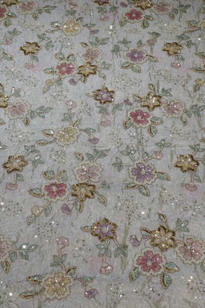 103-Dyable Beige Tissue Gold With Beads and Sequins Embroidery Work 44 Inch Width Allover