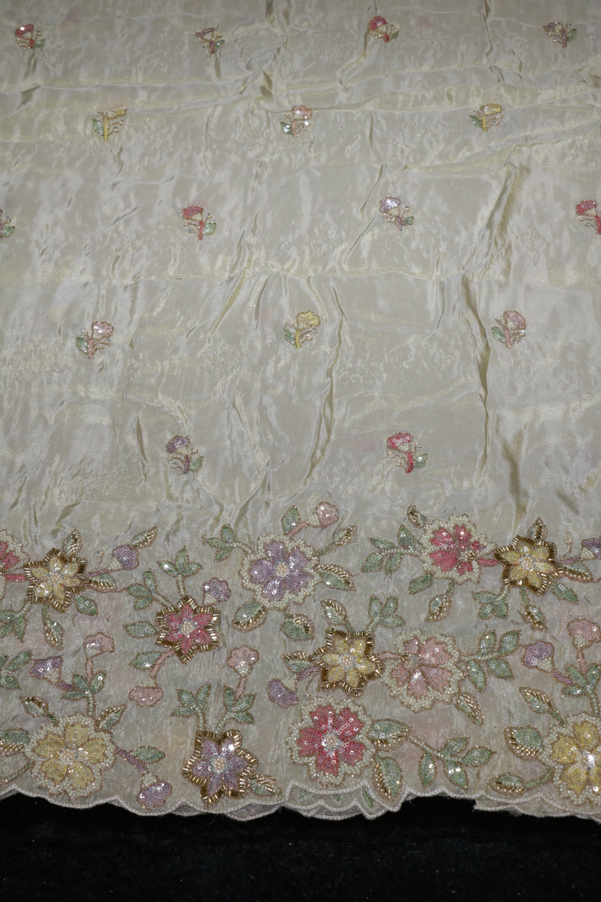 103-Dyable Beige Tissue Gold With Beads and Sequins Embroidery Work 58 Inch Width Daman