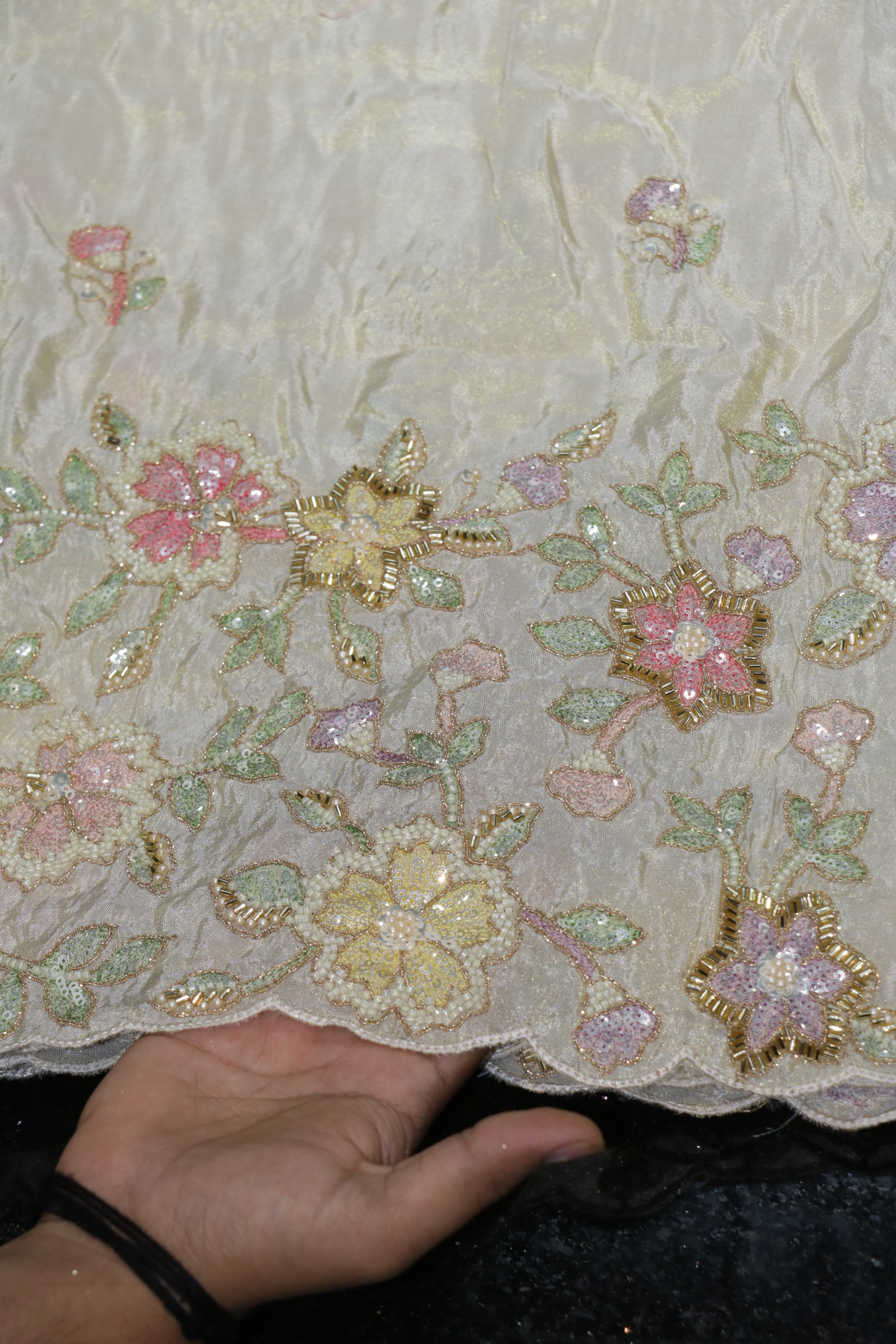 103-Dyable Beige Tissue Gold With Beads and Sequins Embroidery Work 58 Inch Width Daman