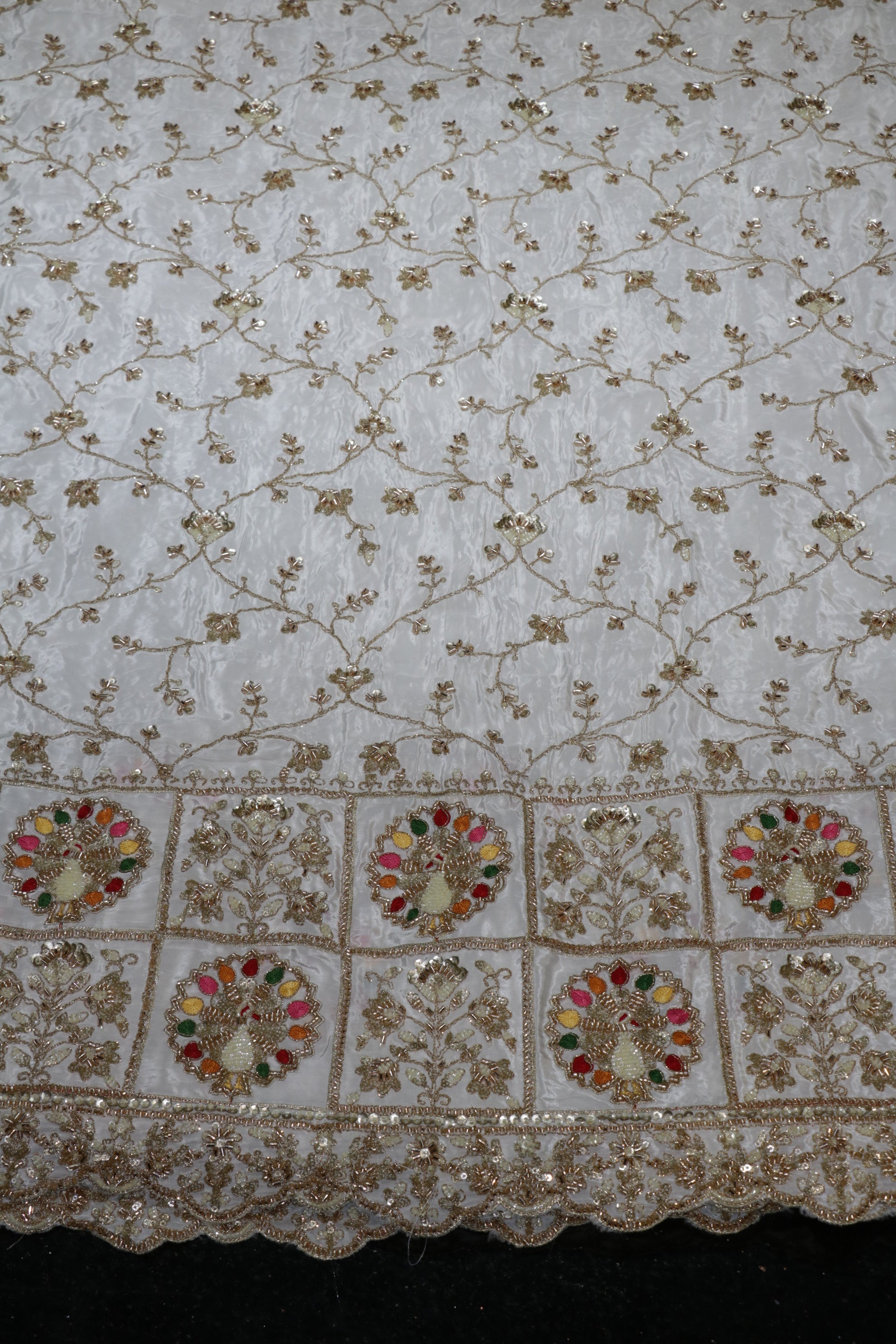 126-Dyable White Pure Natural Crepe With Beads and Sequins Embroidery Work 58 Inch Width Daman