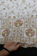 126-Dyable White Pure Natural Crepe With Beads and Sequins Embroidery Work 58 Inch Width Daman