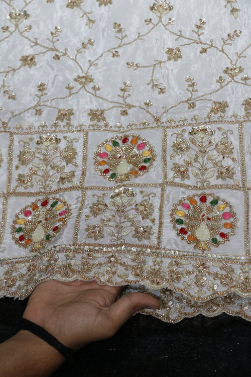 126-Dyable White Pure Natural Crepe With Beads and Sequins Embroidery Work 58 Inch Width Daman