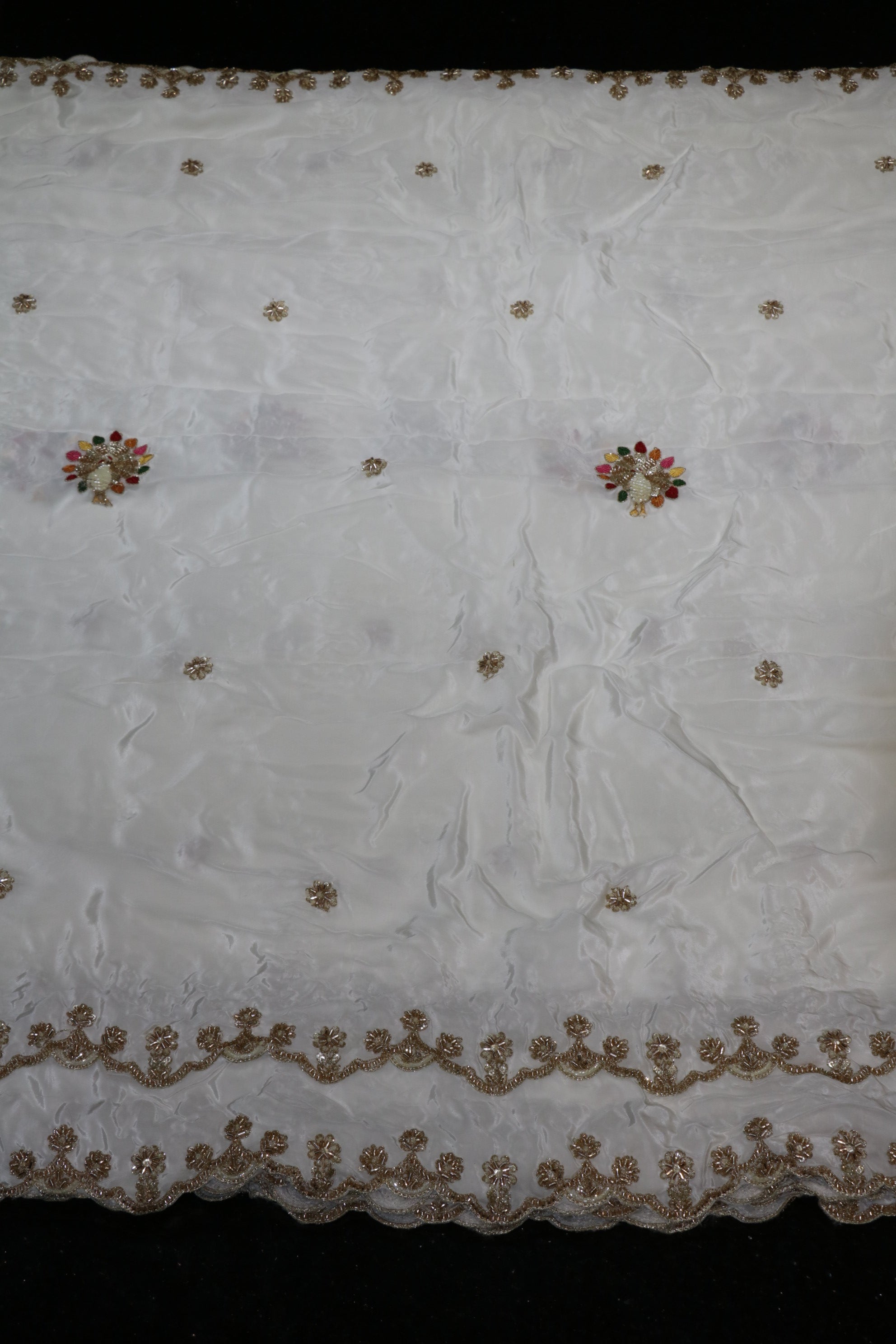 126-Dyable White Pure Natural Crepe With Beads and Sequins Embroidery Work 44 Inch Width Dupatta