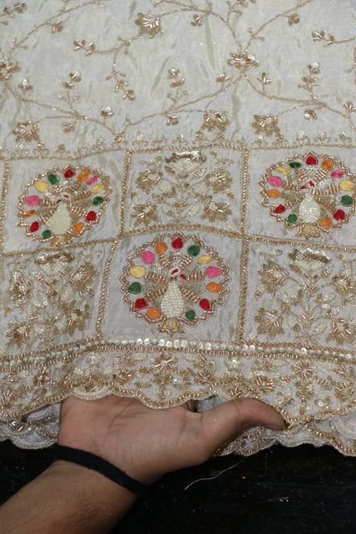 126-Dyable Beige Pure Tissue Gold With Beads and Sequins Embroidery Work 58 Inch Width Daman
