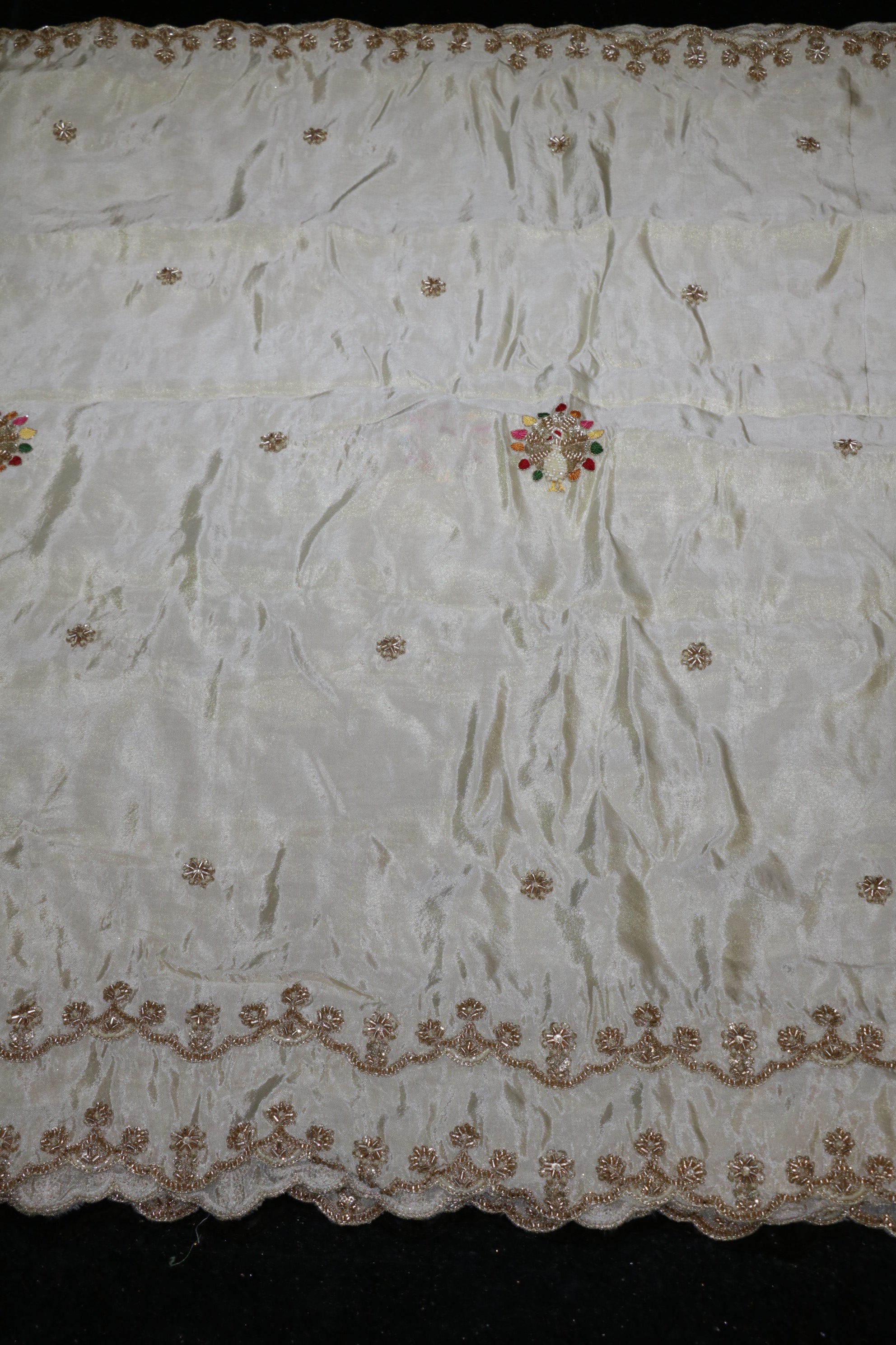 126-Dyable Beige Pure Tissue Gold With Beads and Sequins Embroidery Work 44 Inch Width Dupatta