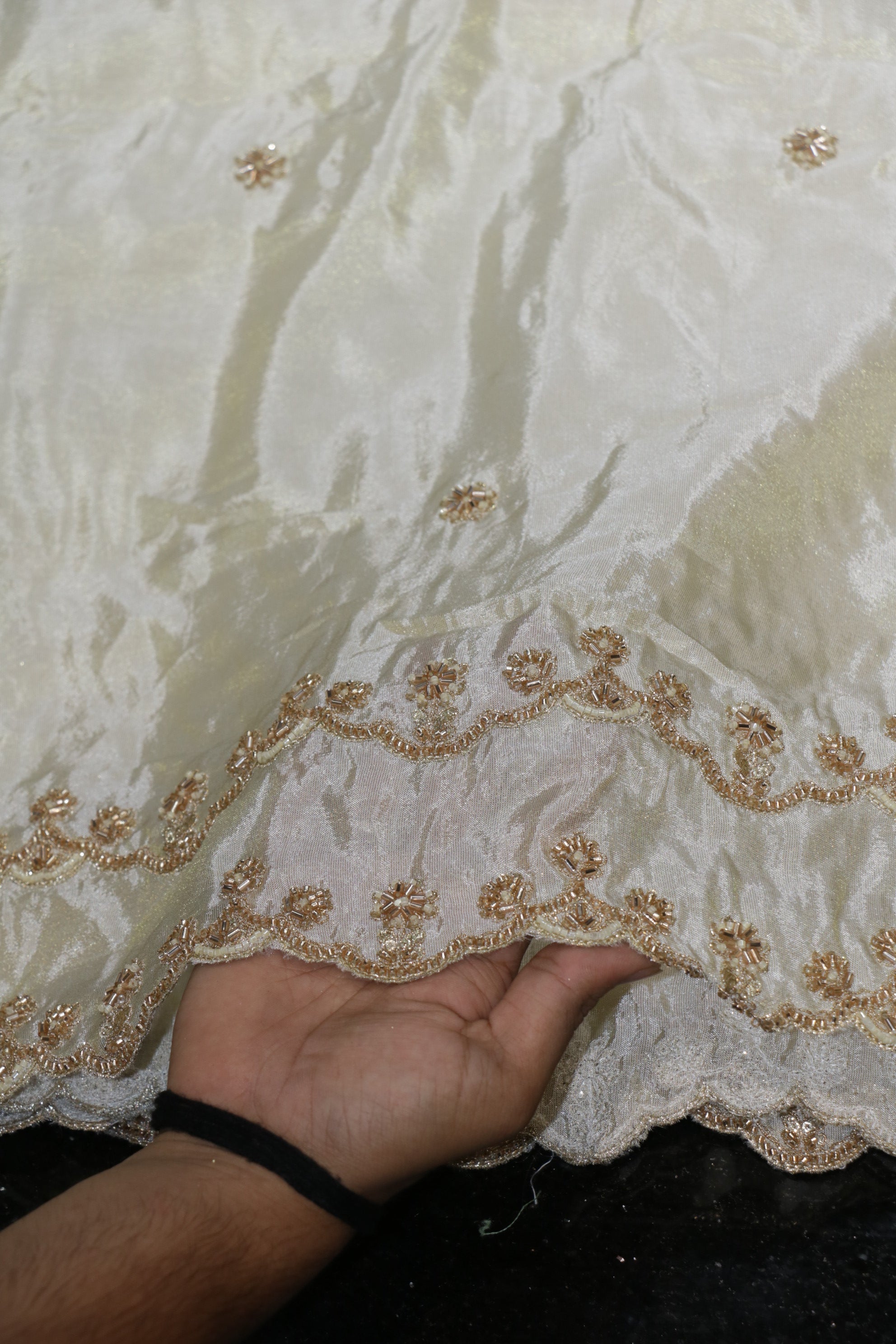 126-Dyable Beige Pure Tissue Gold With Beads and Sequins Embroidery Work 44 Inch Width Dupatta