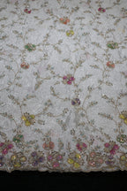 14-Dyable White Pure Natural Crepe With Beads and Sequins Embroidery Work 58 Inch Width Daman