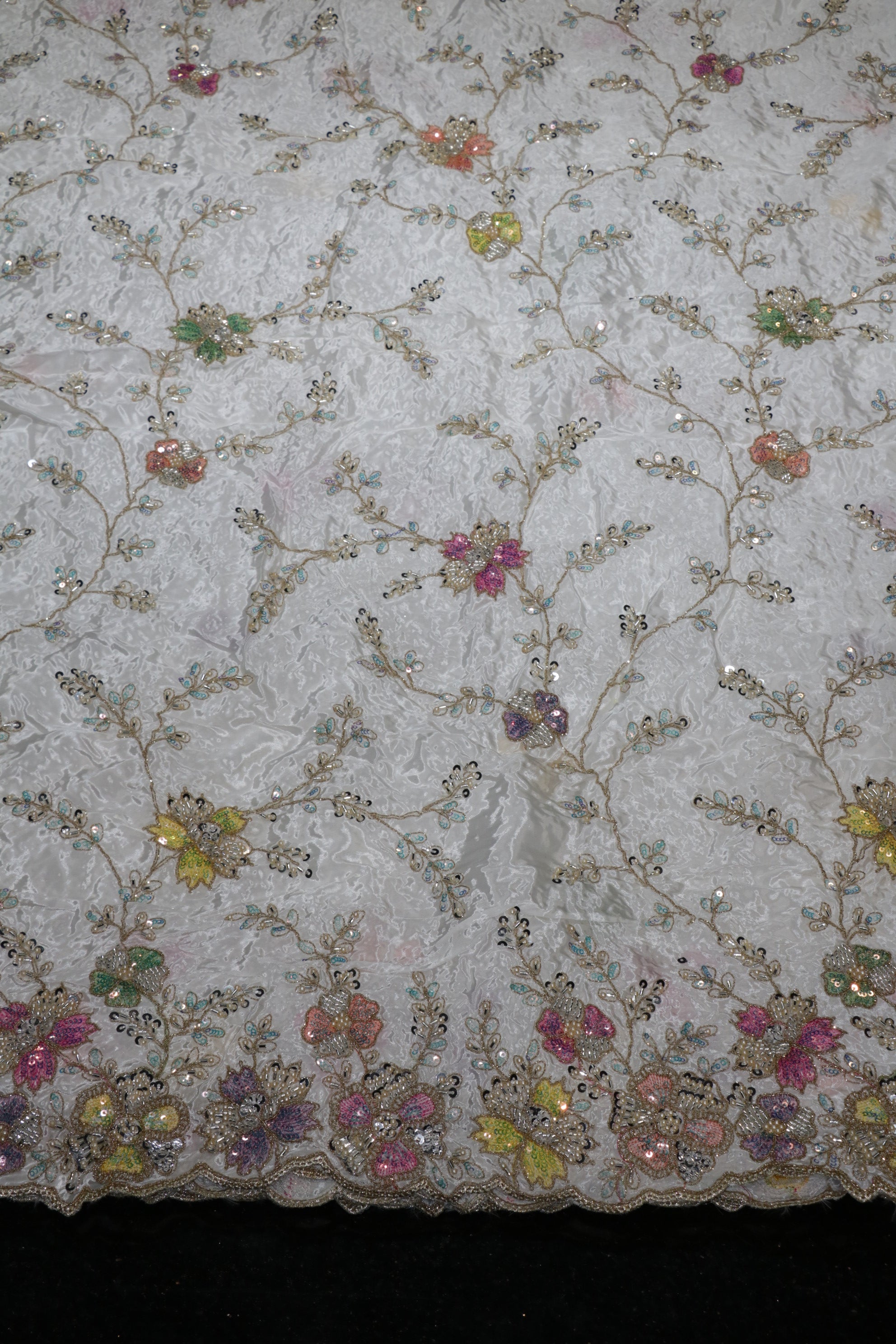14-Dyable White Pure Natural Crepe With Beads and Sequins Embroidery Work 58 Inch Width Daman