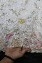 14-Dyable White Pure Natural Crepe With Beads and Sequins Embroidery Work 58 Inch Width Daman