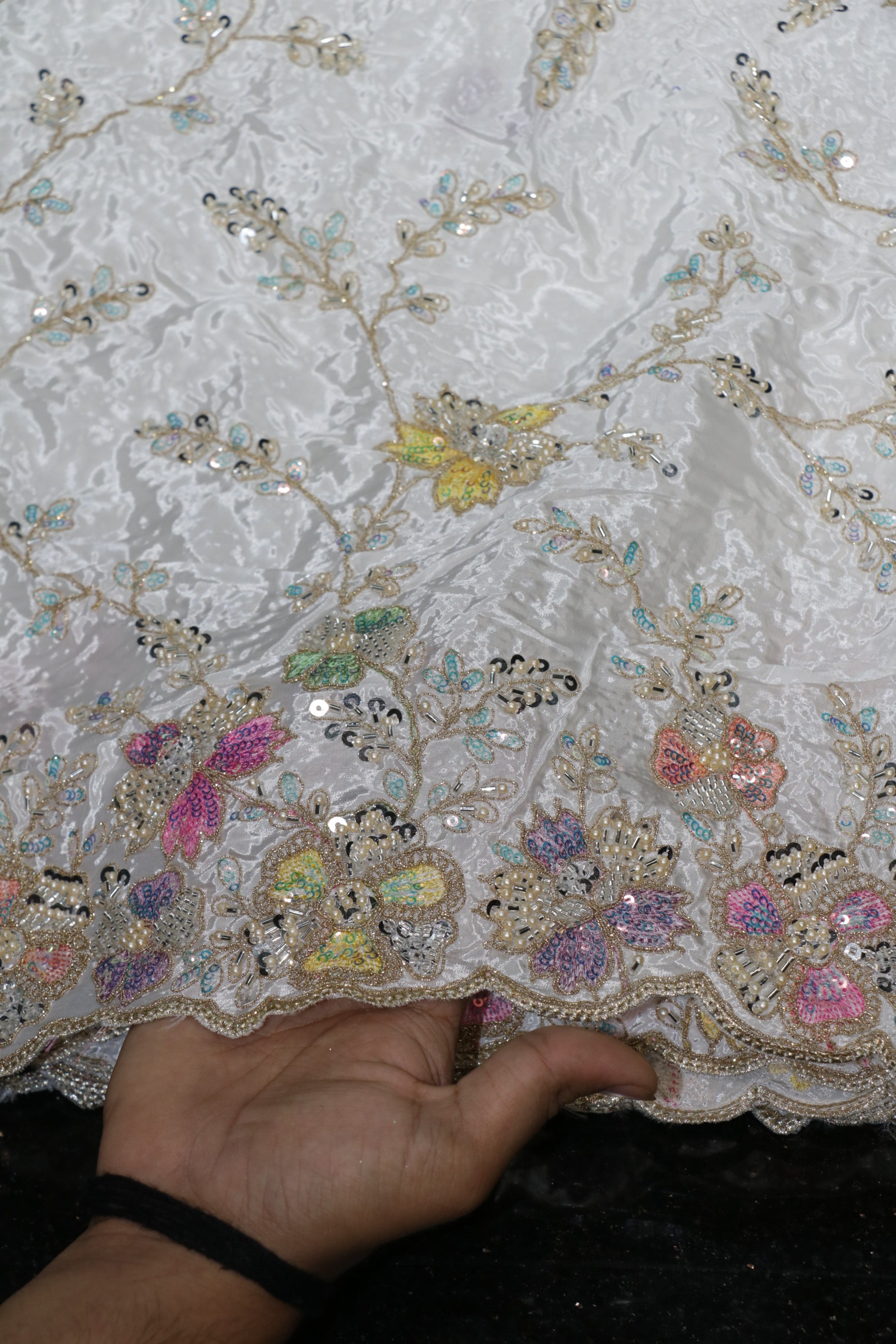 14-Dyable White Pure Natural Crepe With Beads and Sequins Embroidery Work 58 Inch Width Daman