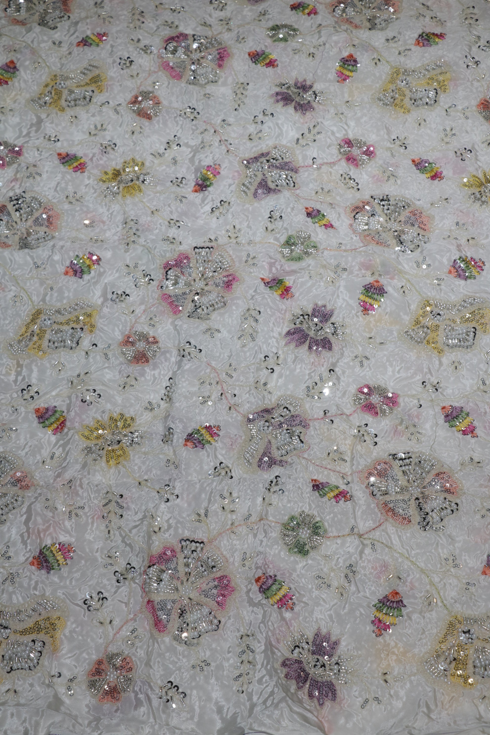 14-Dyable White Pure Natural Crepe With Beads and Sequins Embroidery Work 44 Inch Width Allover