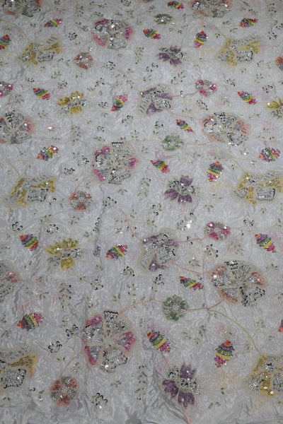 14-Dyable White Pure Natural Crepe With Beads and Sequins Embroidery Work 44 Inch Width Allover
