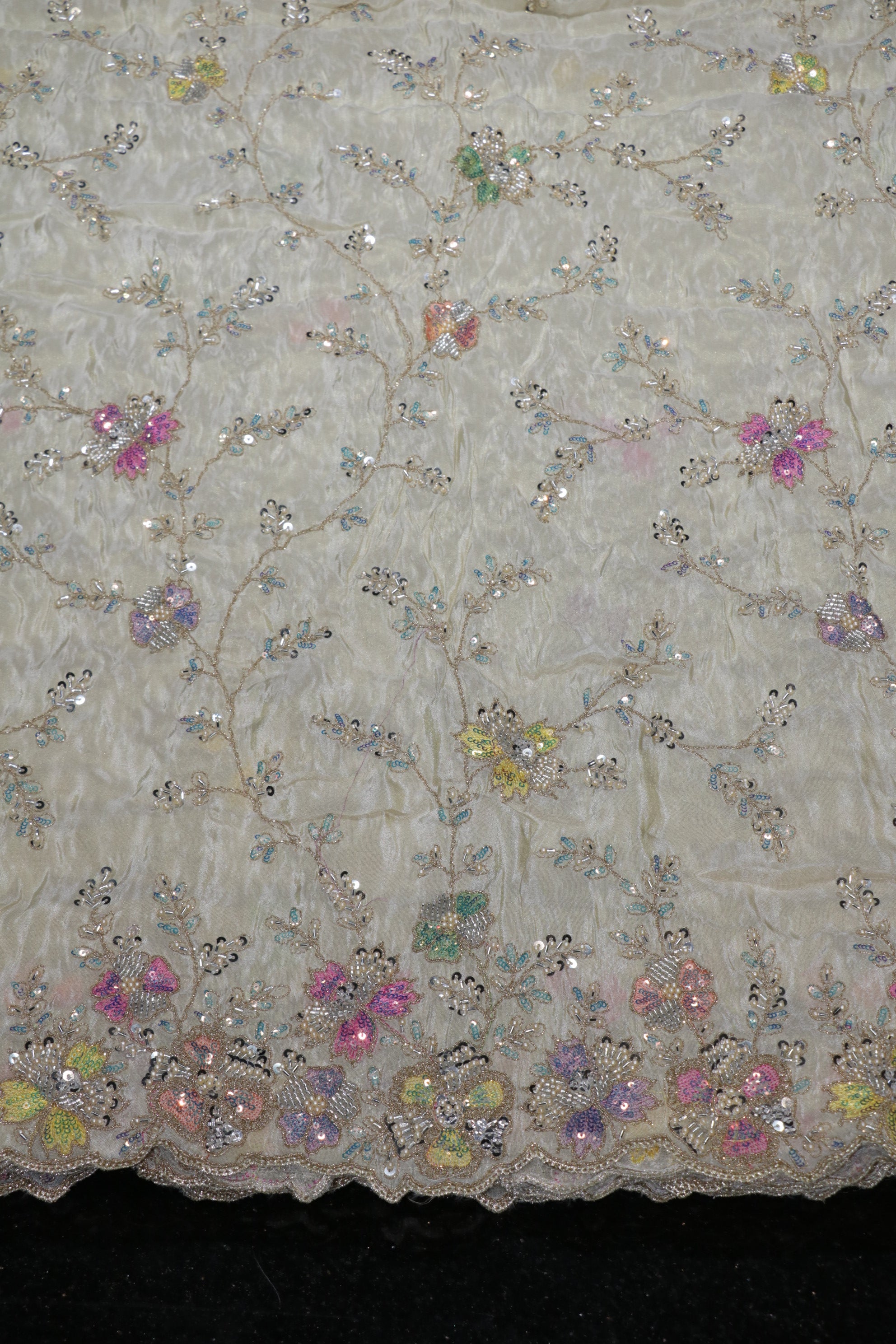 14-Dyable Beige Pure Tissue Gold With Beads and Sequins Embroidery Work 58 Inch Width Daman