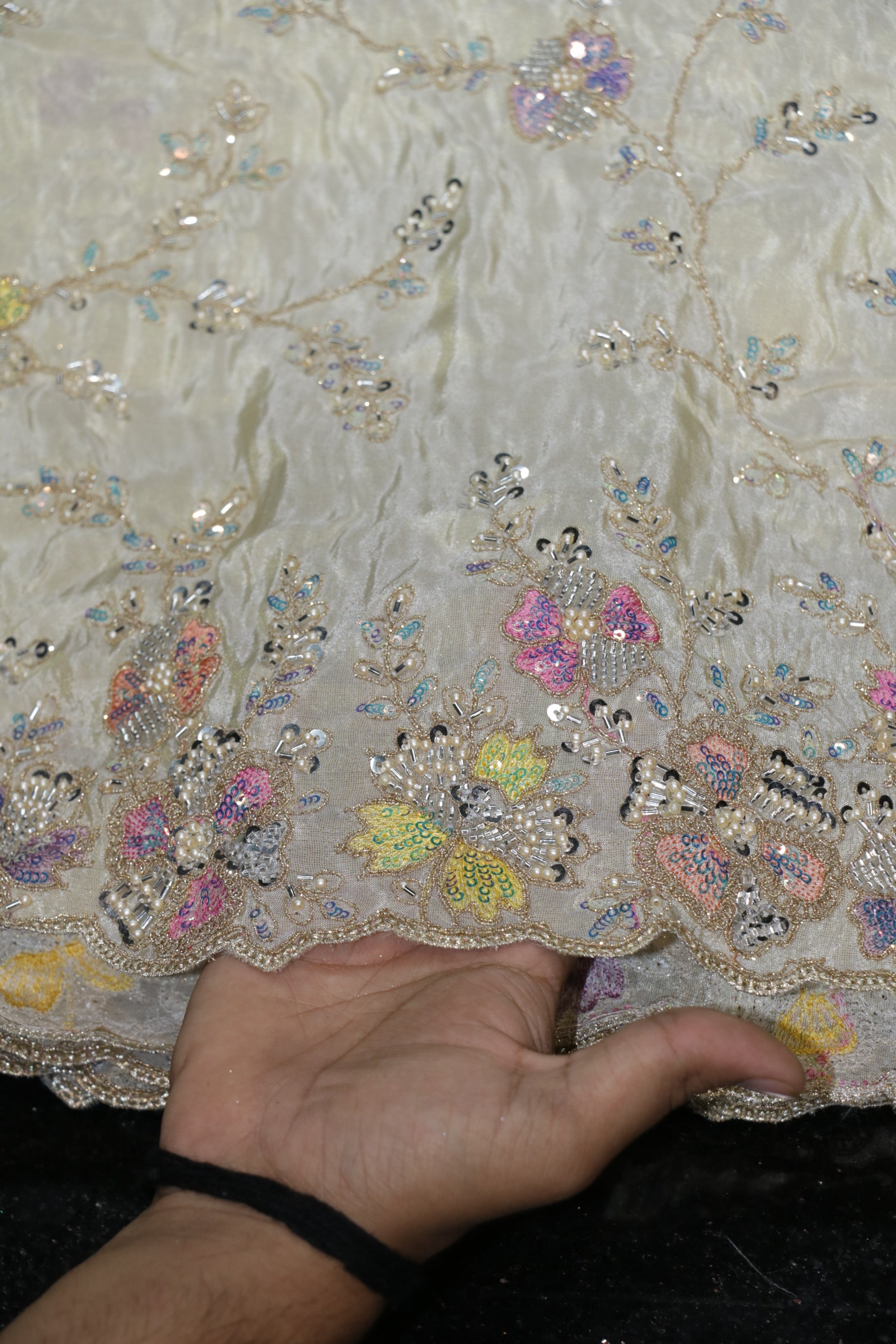 14-Dyable Beige Pure Tissue Gold With Beads and Sequins Embroidery Work 58 Inch Width Daman
