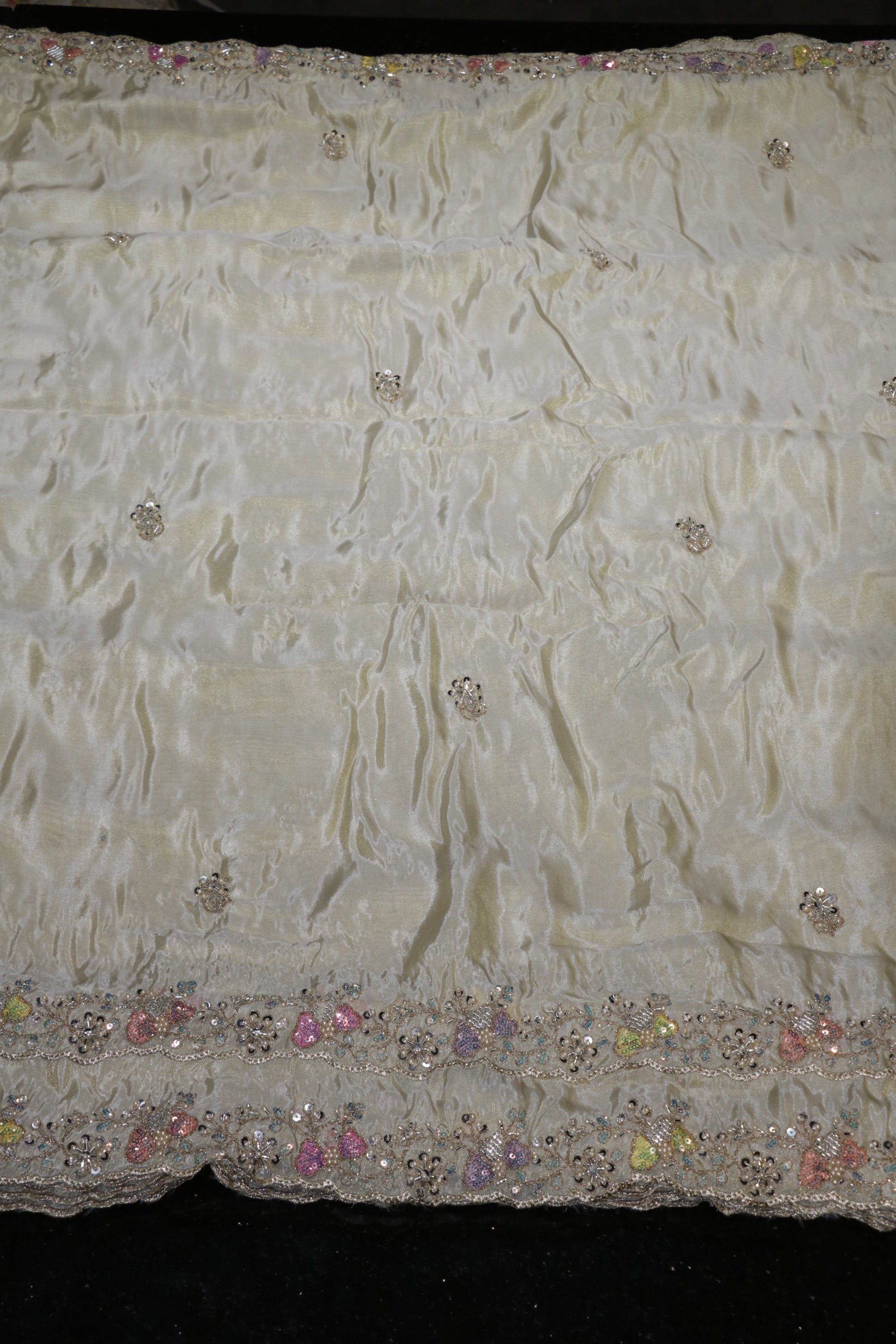 14-Dyable Beige Pure Tissue Gold With Beads and Sequins Embroidery Work 44 Inch Width Dupatta