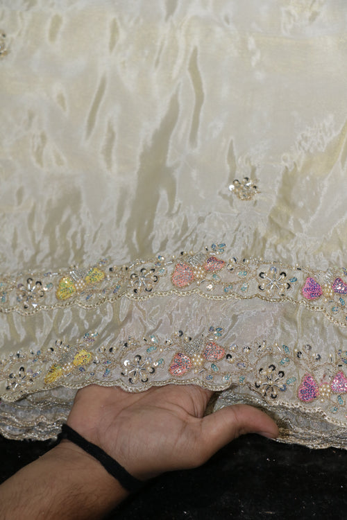 14-Dyable Beige Pure Tissue Gold With Beads and Sequins Embroidery Work 44 Inch Width Dupatta