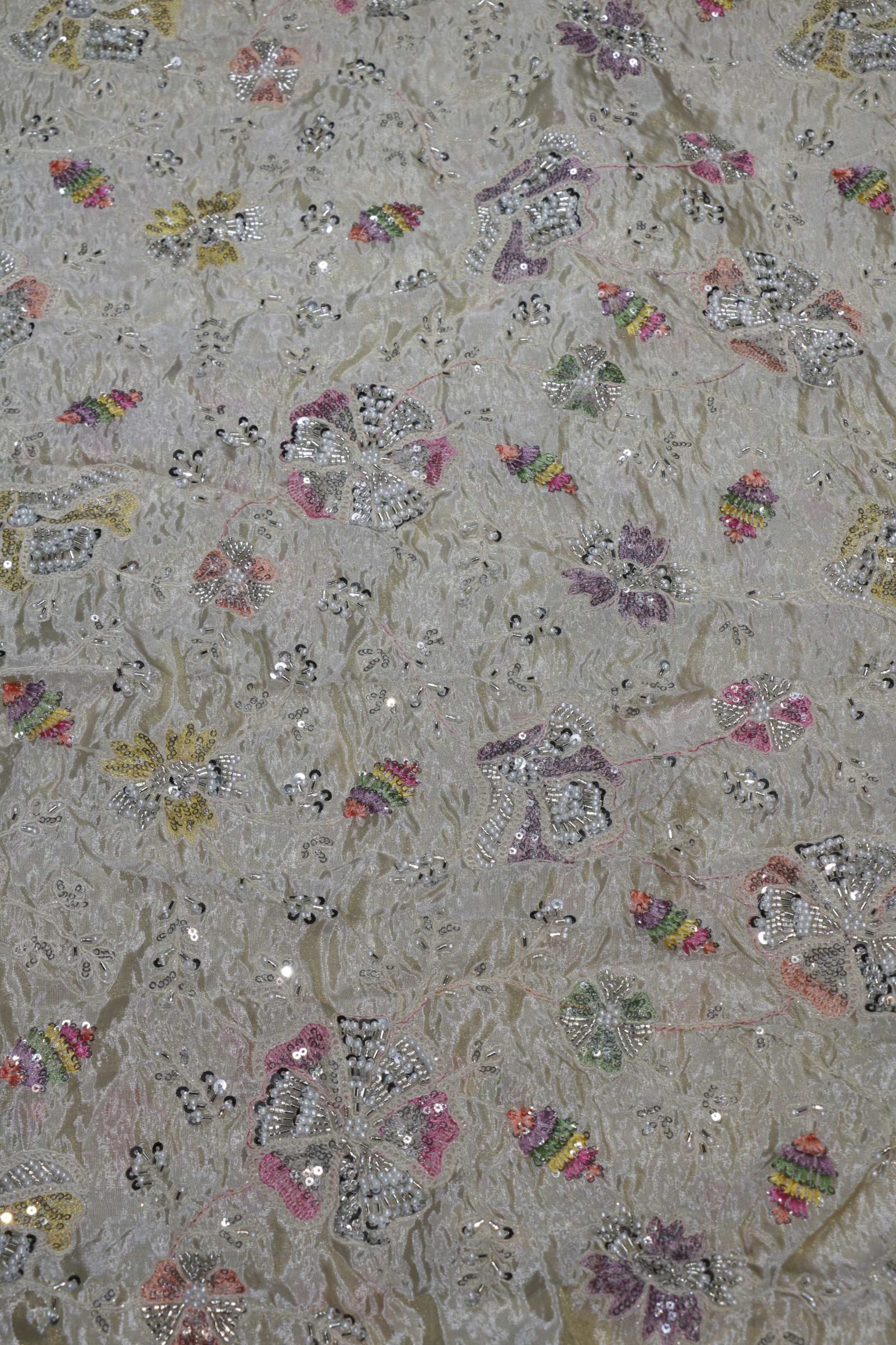 14-Dyable Beige Tissue Gold With Beads and Sequins Embroidery Work 44 Inch Width Allover