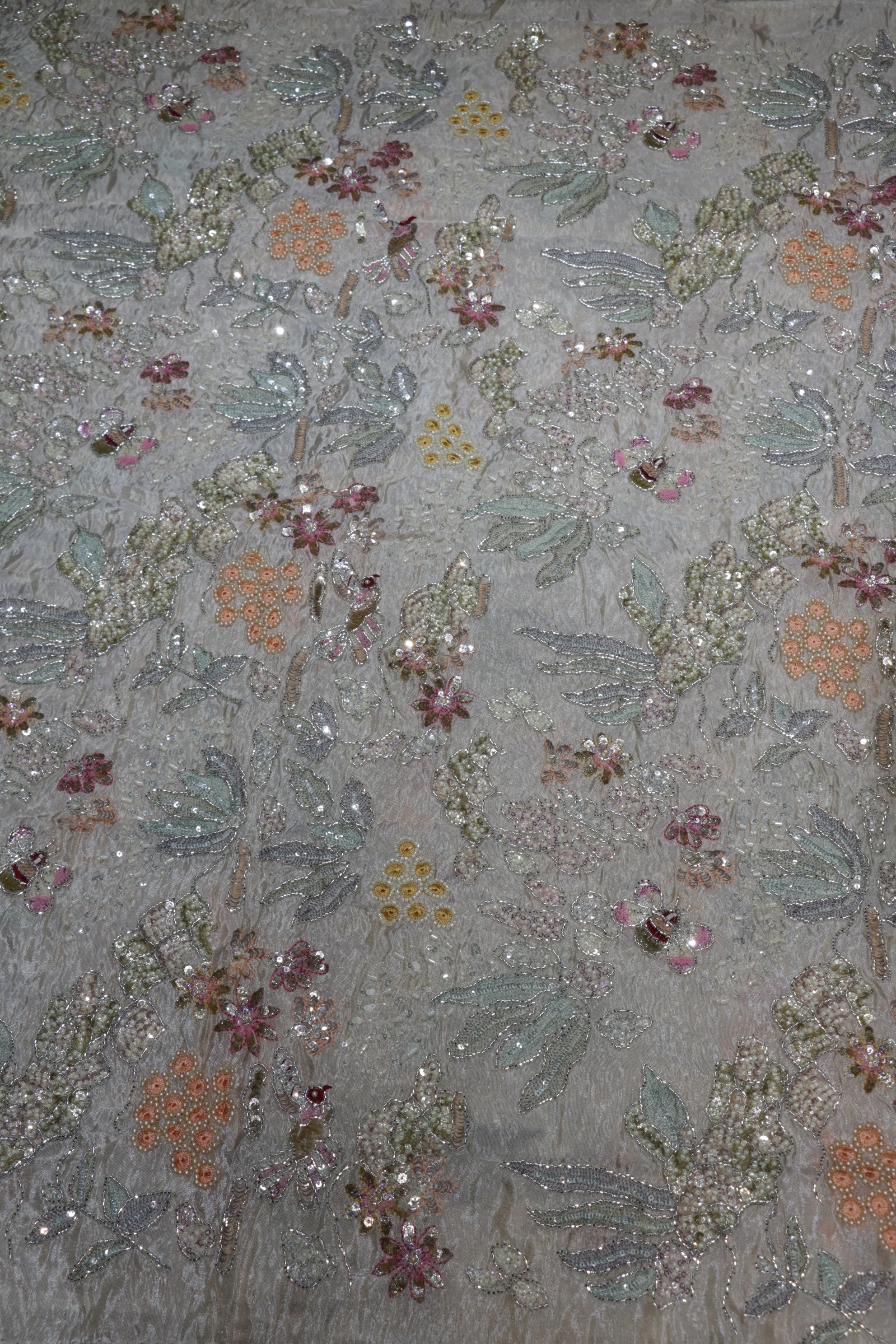 160-Dyable Beige Pure Tissue Gold With Beads and Sequins Embroidery Work 44 Inch Width Allover