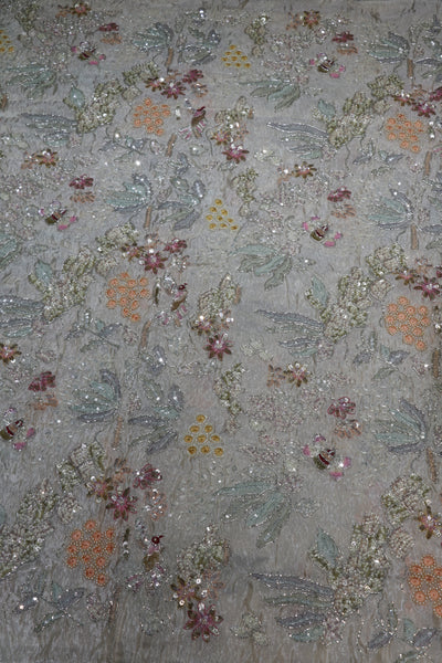 160-Dyable Beige Pure Tissue Gold With Beads and Sequins Embroidery Work 44 Inch Width Allover
