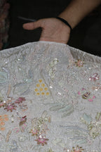 160-Dyable Beige Pure Tissue Gold With Beads and Sequins Embroidery Work 44 Inch Width Allover