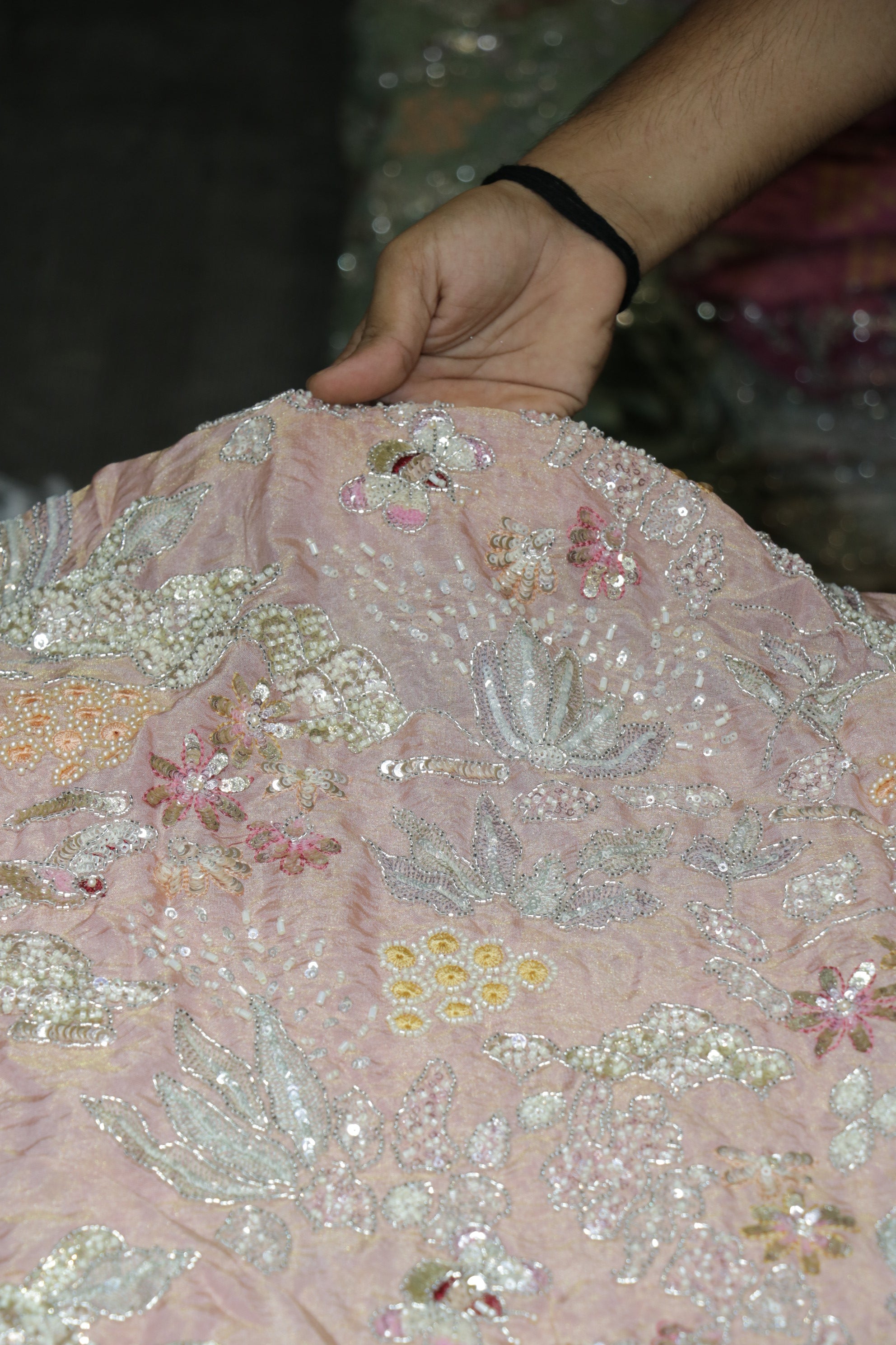 160-Color Set Pure Tissue Gold With Beads and Sequins Embroidery Work 44 Inch Width Allover
