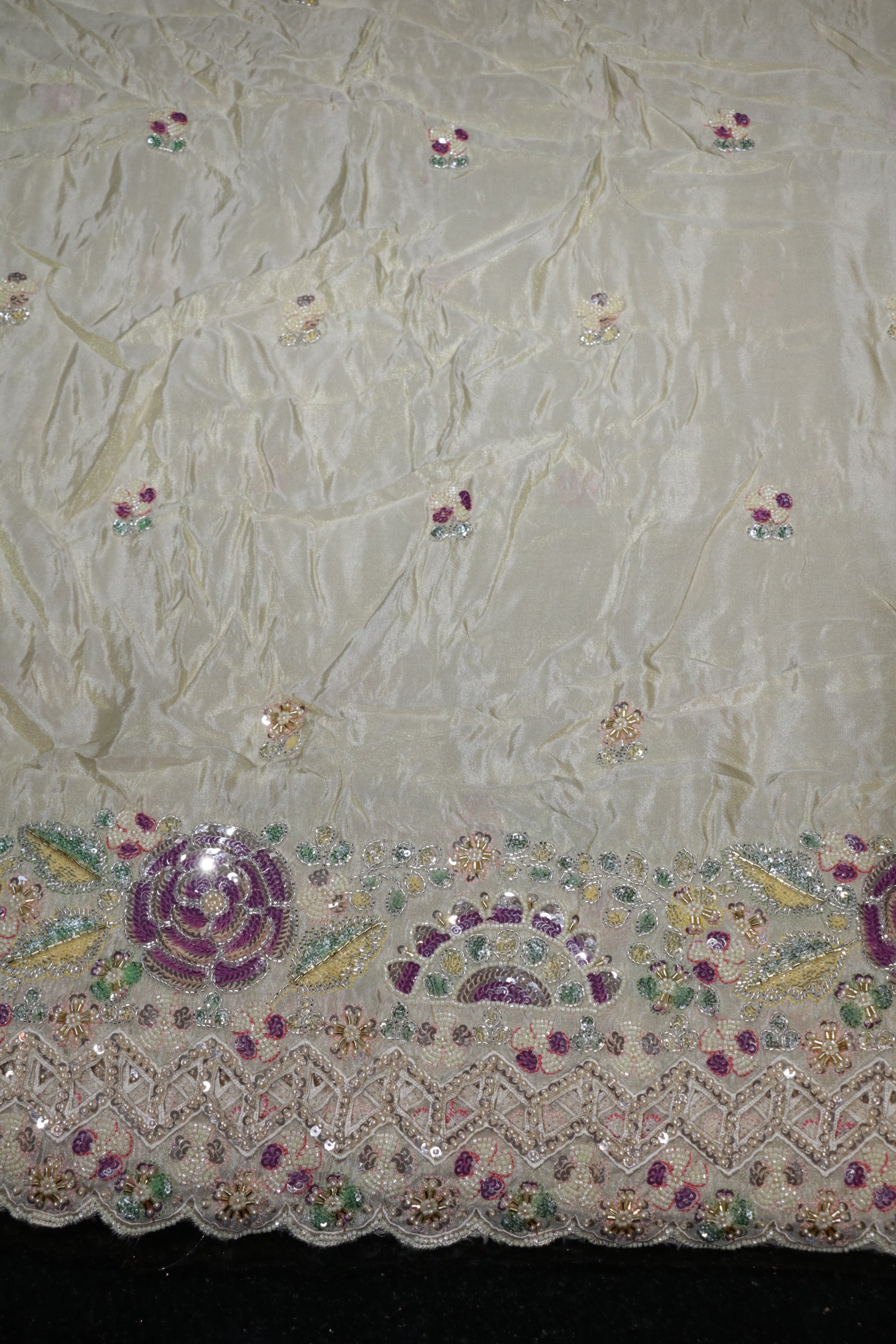166-Dyable Beige Pure Tissue Gold With Beads and Sequins Embroidery Work 58 Inch Width Daman