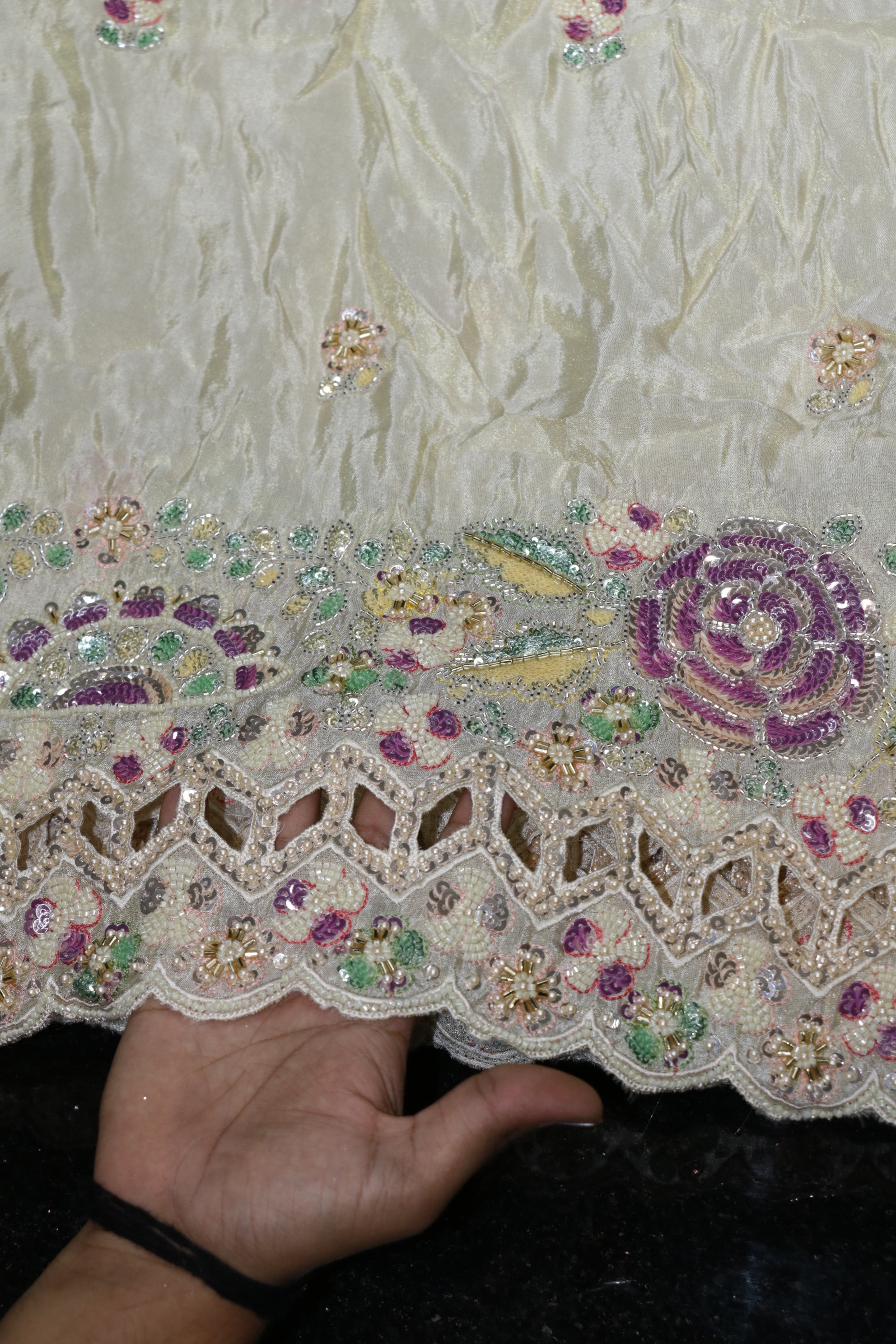 166-Dyable Beige Pure Tissue Gold With Beads and Sequins Embroidery Work 58 Inch Width Daman