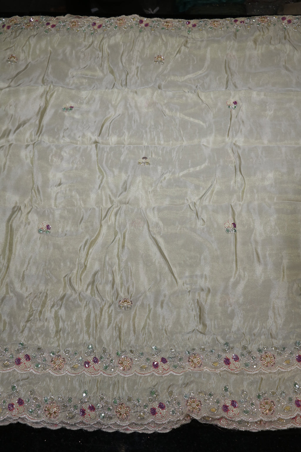 166-Dyable Beige Pure Tissue Gold With Beads and Sequins Embroidery Work 44 Inch Width Dupatta
