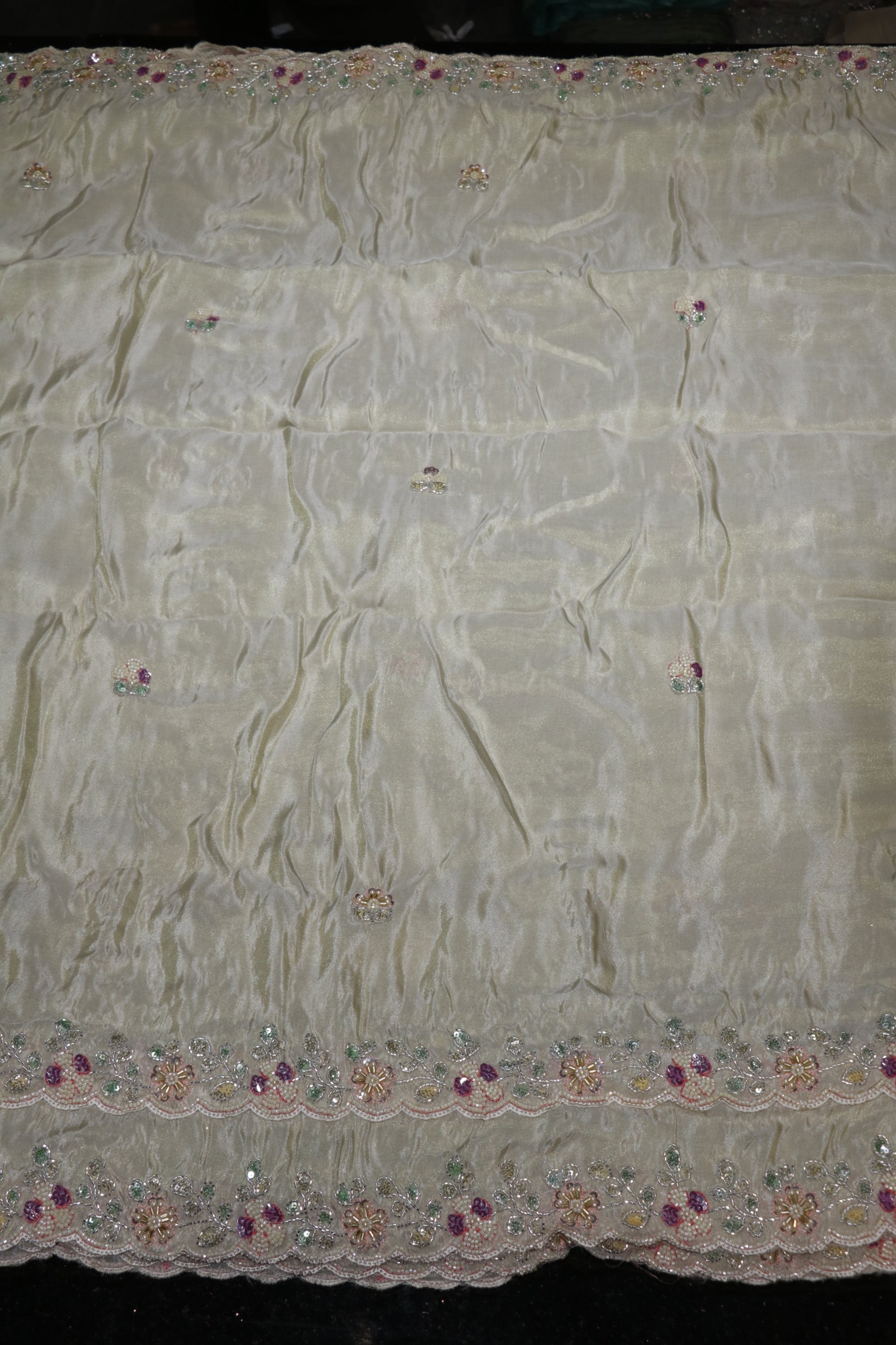 166-Dyable Beige Pure Tissue Gold With Beads and Sequins Embroidery Work 44 Inch Width Dupatta