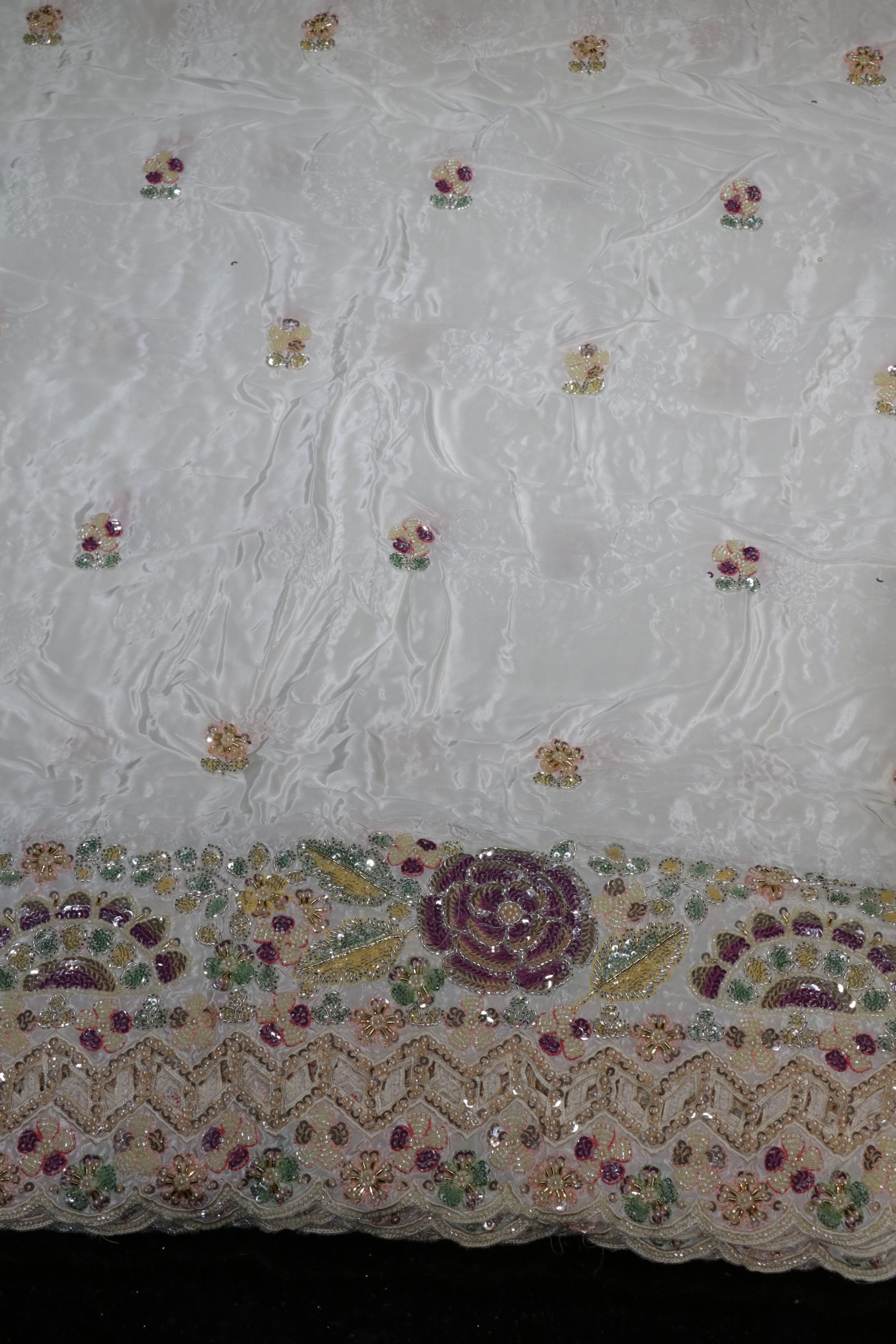 166-Dyable White Pure Natural Crepe With Beads and Sequins Embroidery Work 58 Inch Width Daman