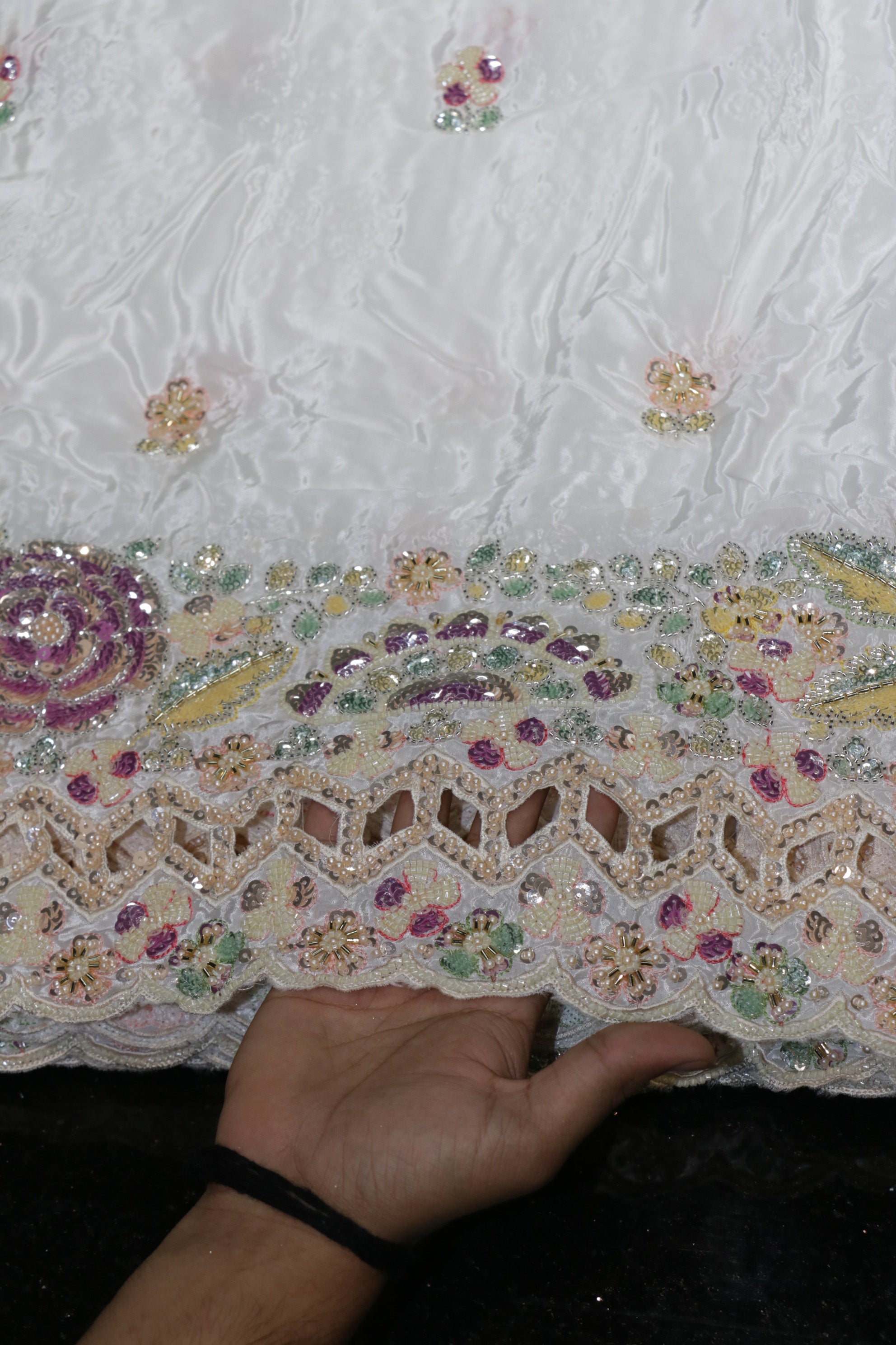 166-Dyable White Pure Natural Crepe With Beads and Sequins Embroidery Work 58 Inch Width Daman