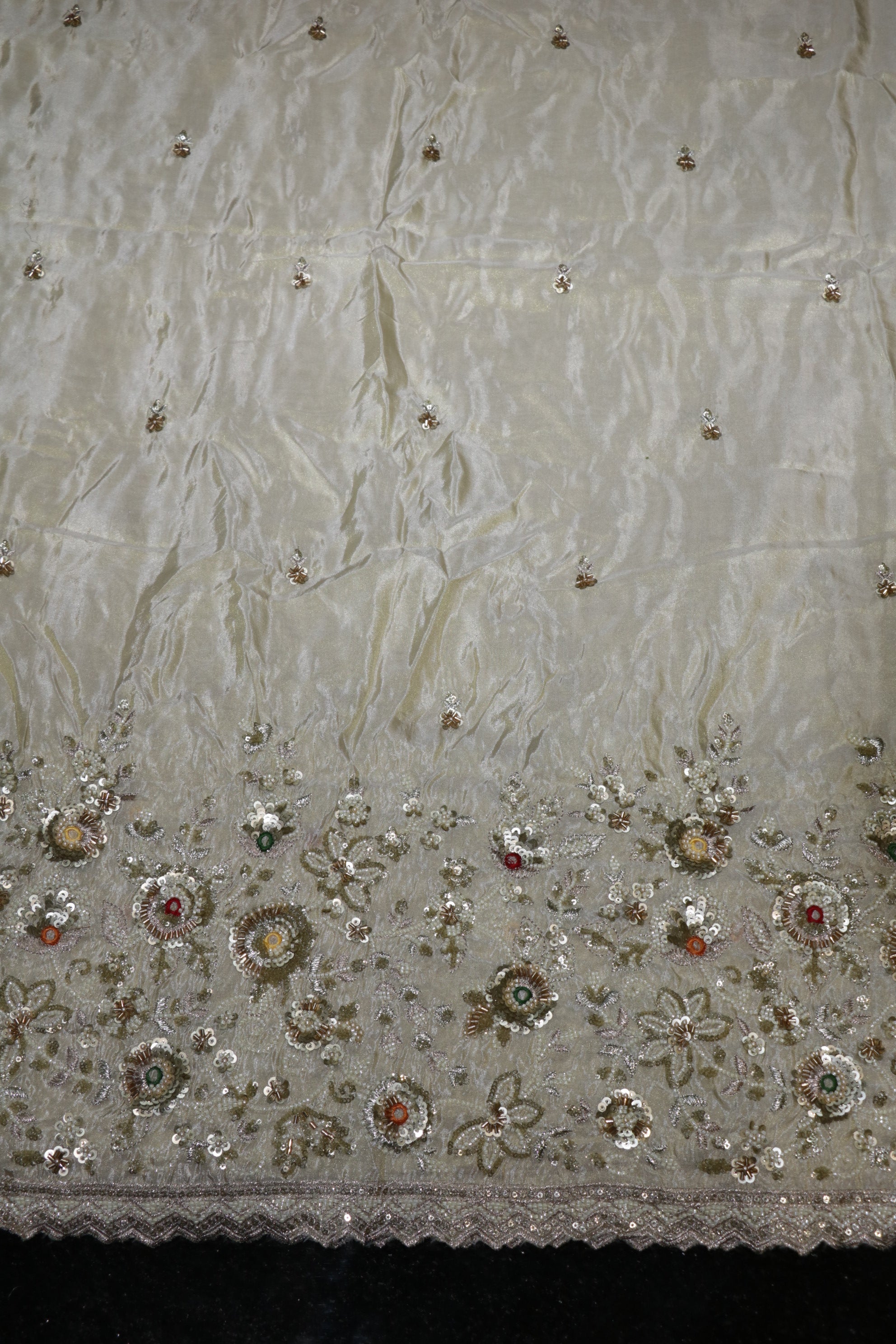 196-Dyable Pure Tissue Gold, Natural Crepe, Kanjivaram, Tissue Anmol With Beads and Sequins Embroidery Work 58 Inch Width Daman