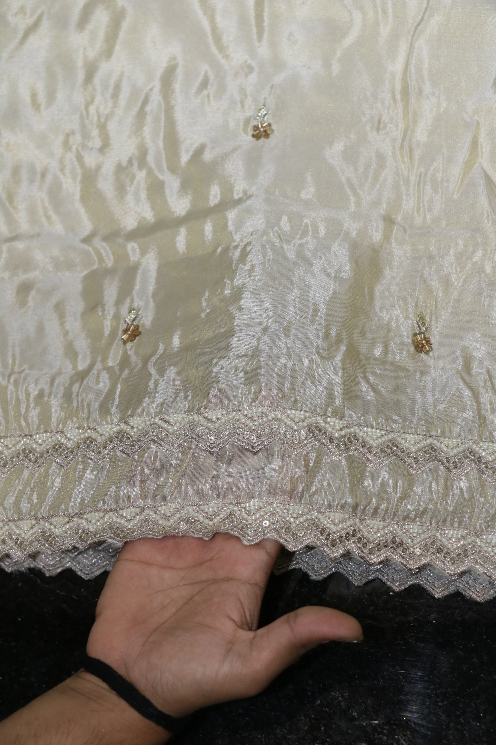 196-Dyable Pure Tissue Gold, Natural Crepe, Kanjivaram, Tissue Anmol With Beads and Sequins Embroidery Work 44 Inch Width Daman