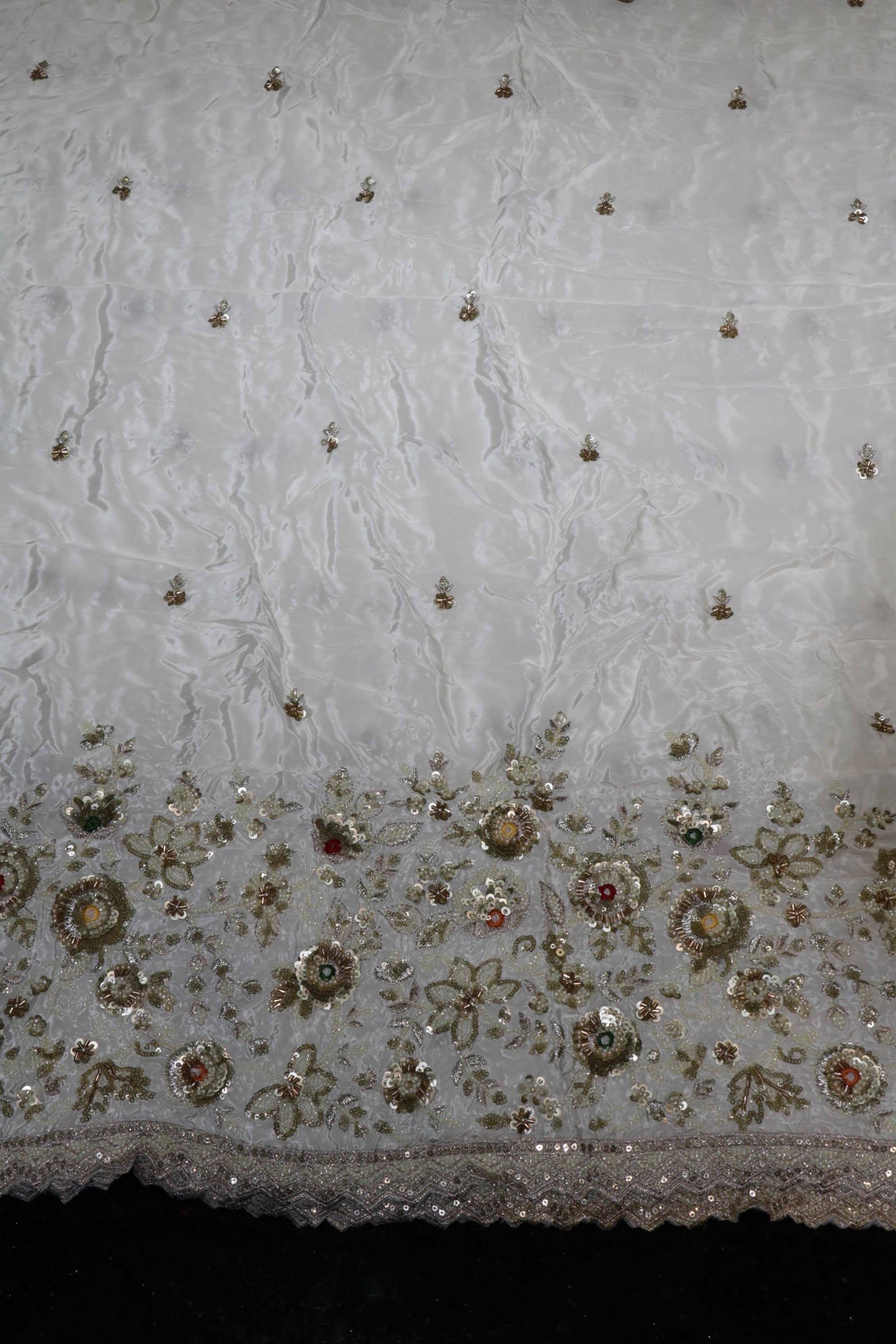 196-Dyable Pure Tissue Gold, Natural Crepe, Kanjivaram, Tissue Anmol With Beads and Sequins Embroidery Work 58 Inch Width Daman