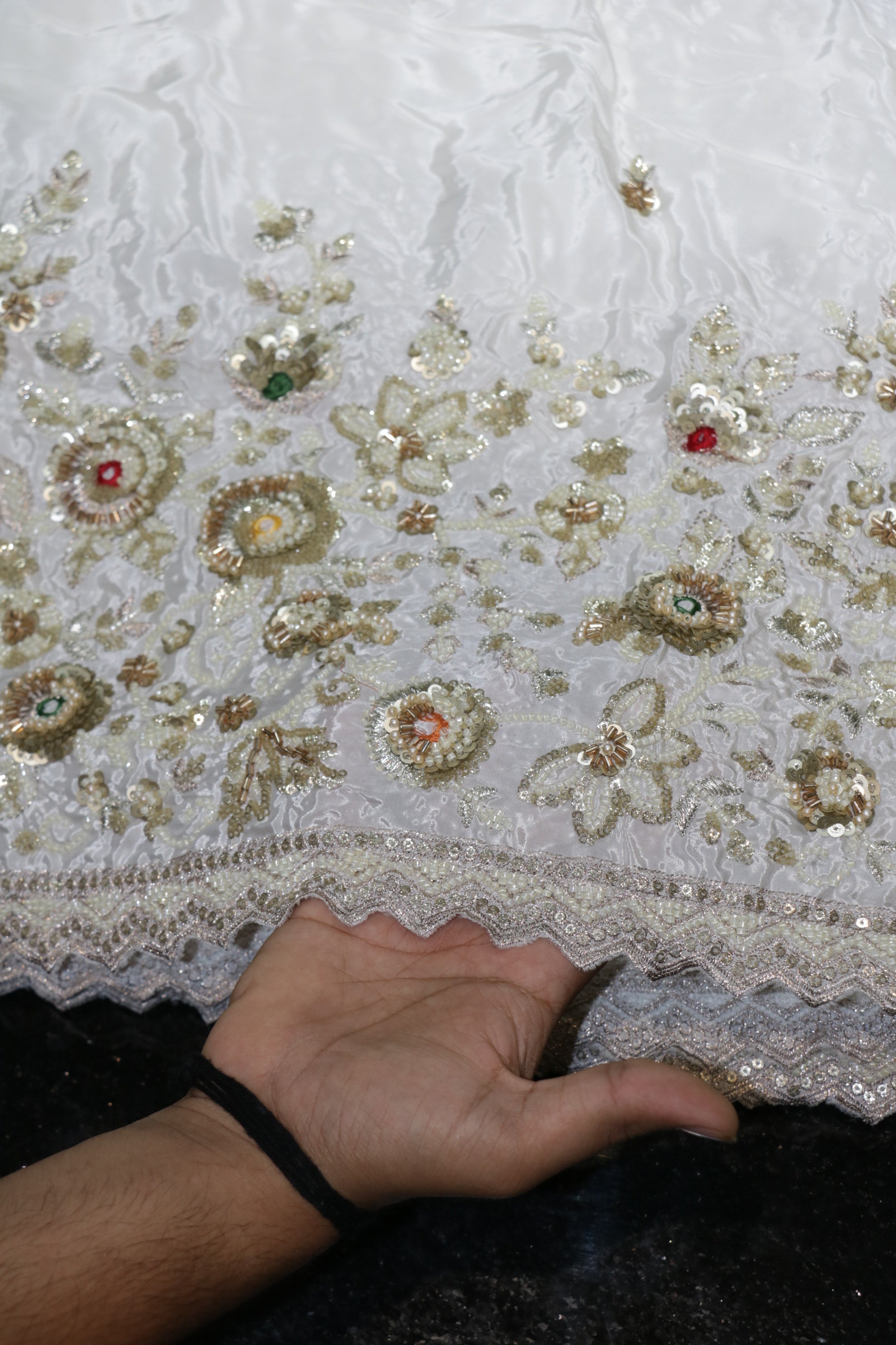 196-Dyable Pure Tissue Gold, Natural Crepe, Kanjivaram, Tissue Anmol With Beads and Sequins Embroidery Work 58 Inch Width Daman