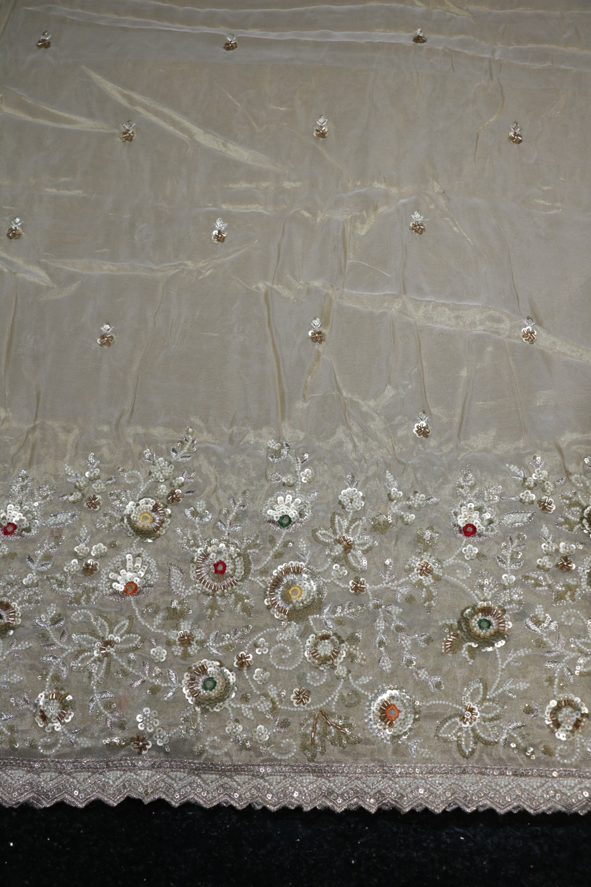 196-Dyable Pure Tissue Gold, Natural Crepe, Kanjivaram, Tissue Anmol With Beads and Sequins Embroidery Work 58 Inch Width Daman
