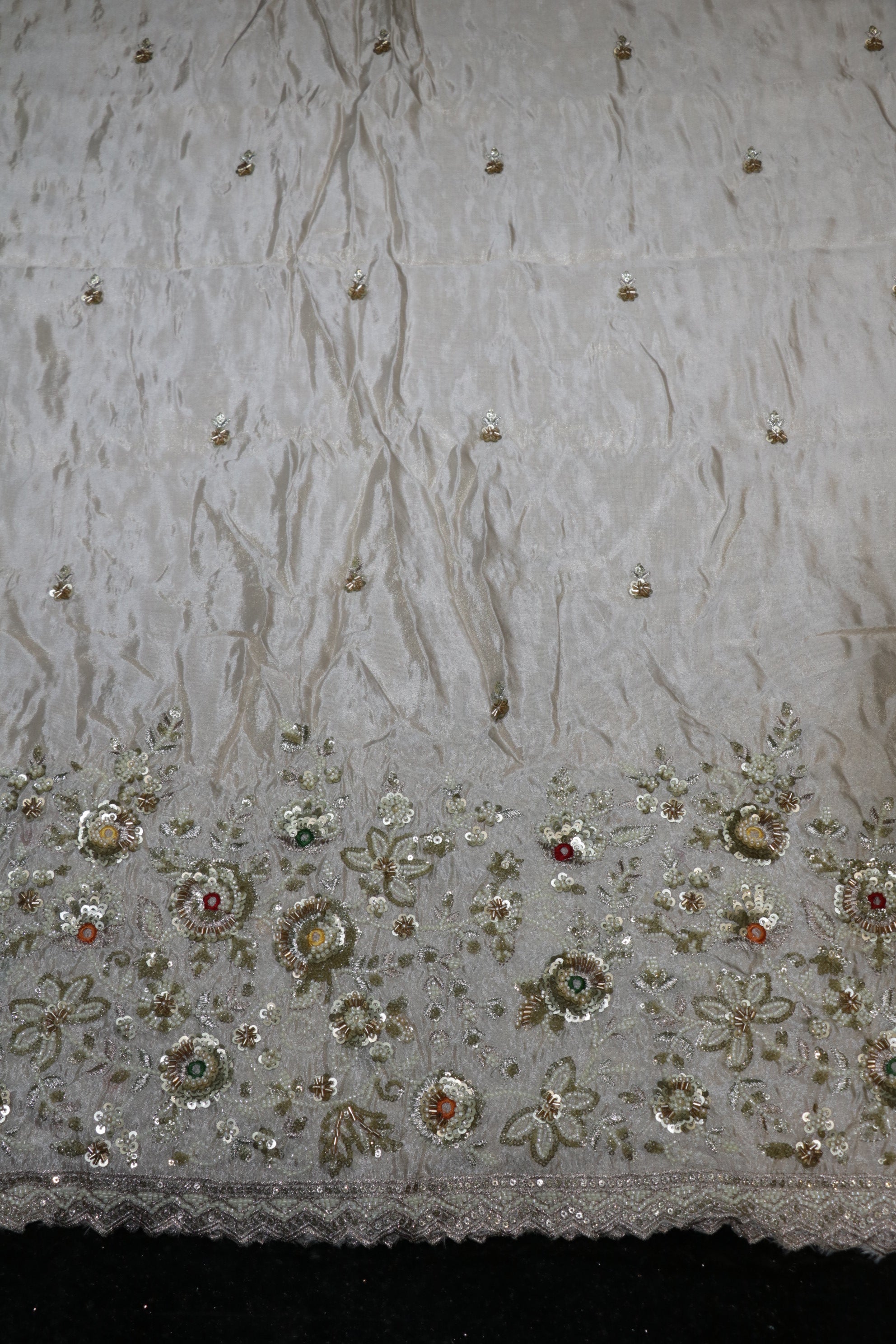 196-Dyable Pure Tissue Gold, Natural Crepe, Kanjivaram, Tissue Anmol With Beads and Sequins Embroidery Work 58 Inch Width Daman