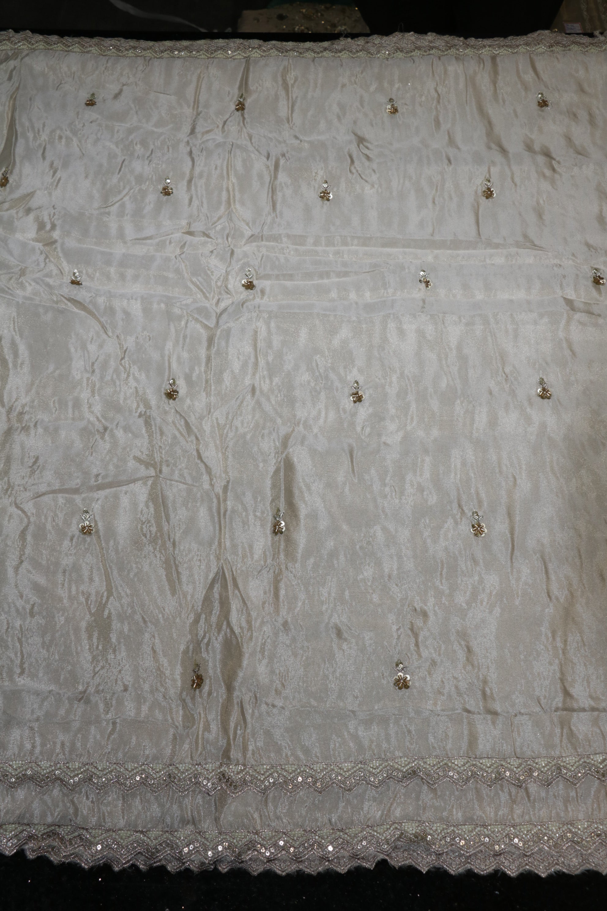 196-Dyable Pure Tissue Gold, Natural Crepe, Kanjivaram, Tissue Anmol With Beads and Sequins Embroidery Work 44 Inch Width Daman