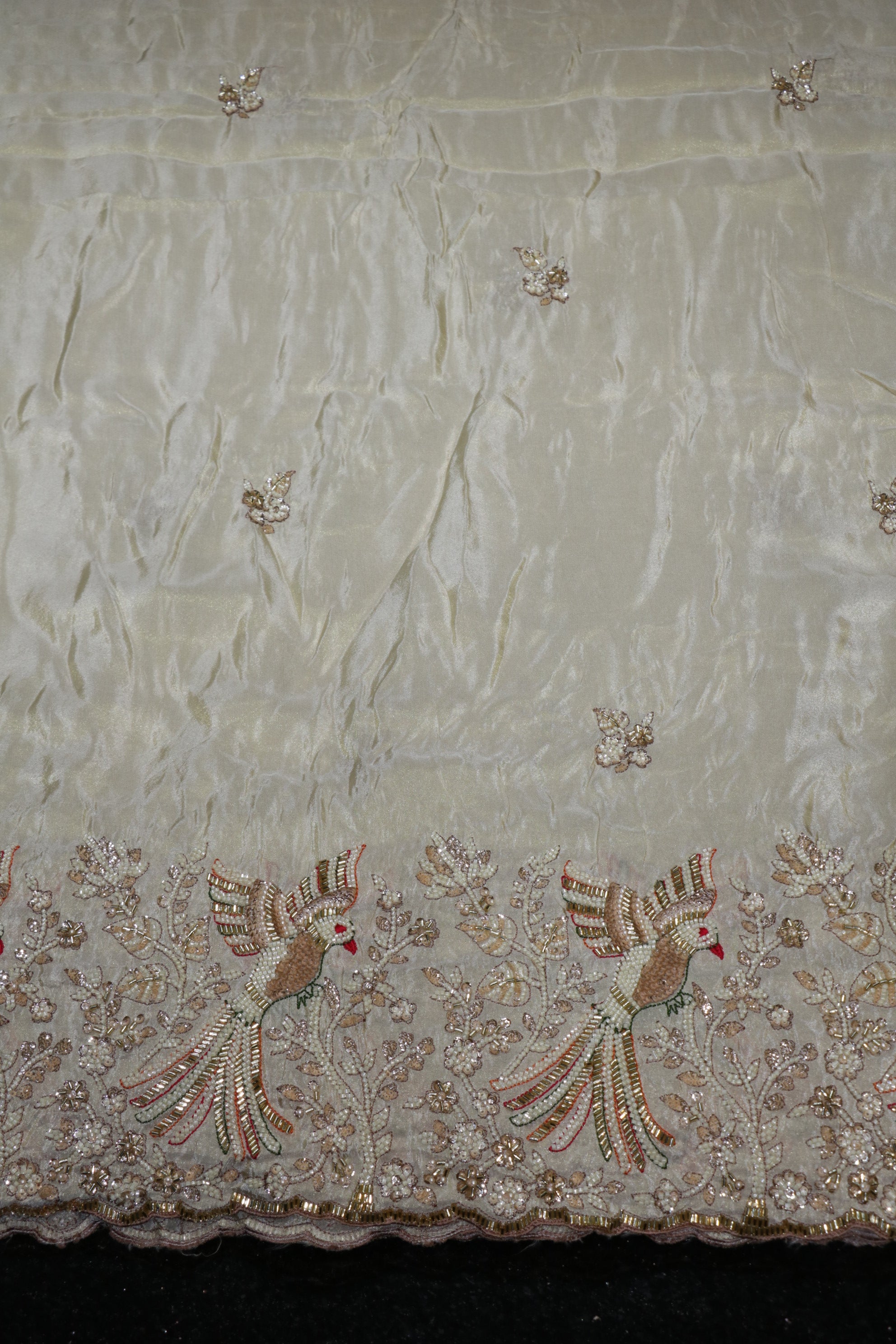 218-Dyable Pure Tissue Gold, Natural Crepe With Beads and Sequins Embroidery Work 58 Inch Width Daman