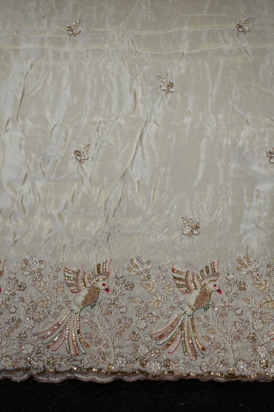 218-Dyable Pure Tissue Gold, Natural Crepe With Beads and Sequins Embroidery Work 58 Inch Width Daman