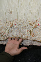 218-Dyable Pure Tissue Gold, Natural Crepe With Beads and Sequins Embroidery Work 58 Inch Width Daman