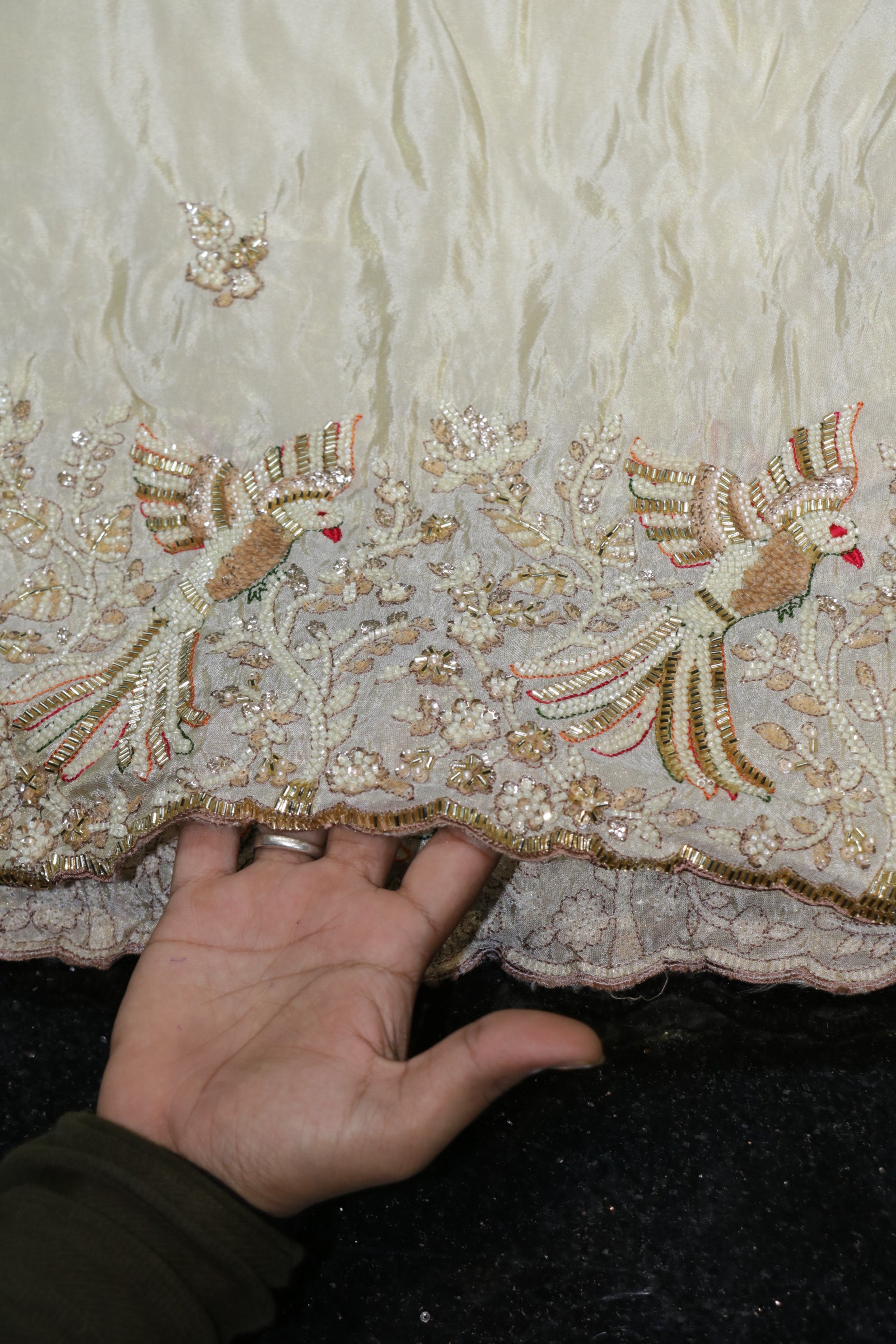 218-Dyable Pure Tissue Gold, Natural Crepe With Beads and Sequins Embroidery Work 58 Inch Width Daman