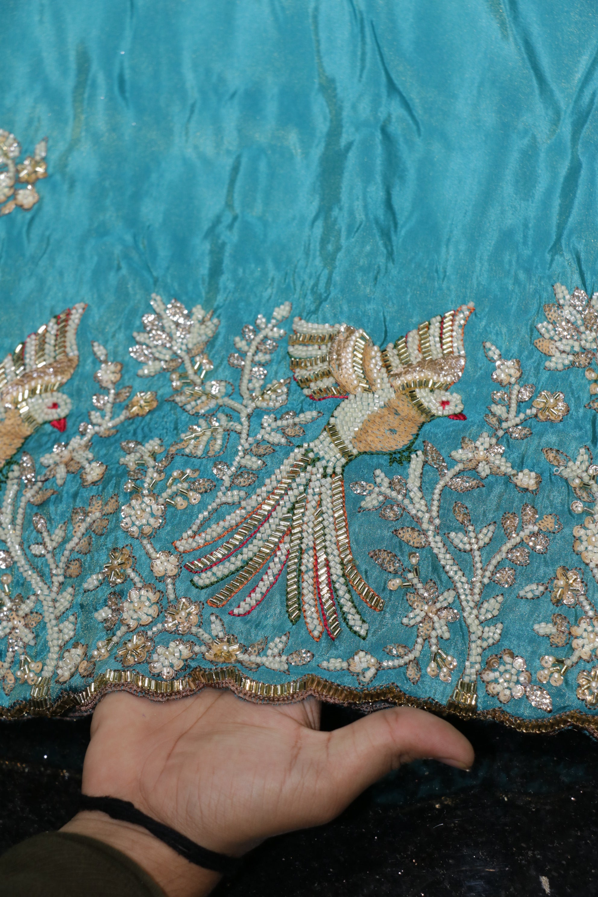 218-Color Set Pure Tissue Gold With Beads and Sequins Embroidery Work 58 Inch Width Daman