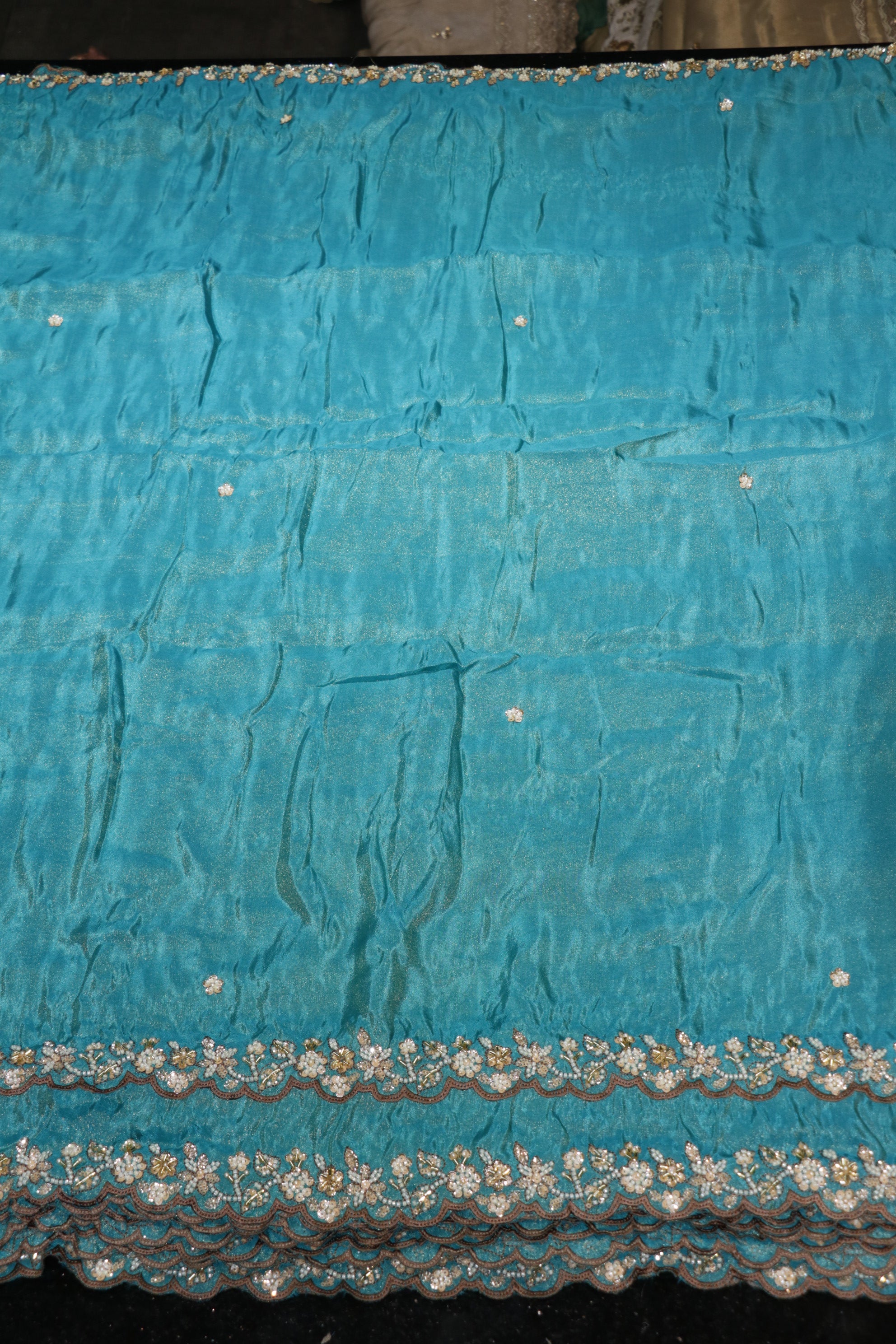 218-Color Set Pure Tissue Gold With Beads and Sequins Embroidery Work 54 Inch Width Dupatta