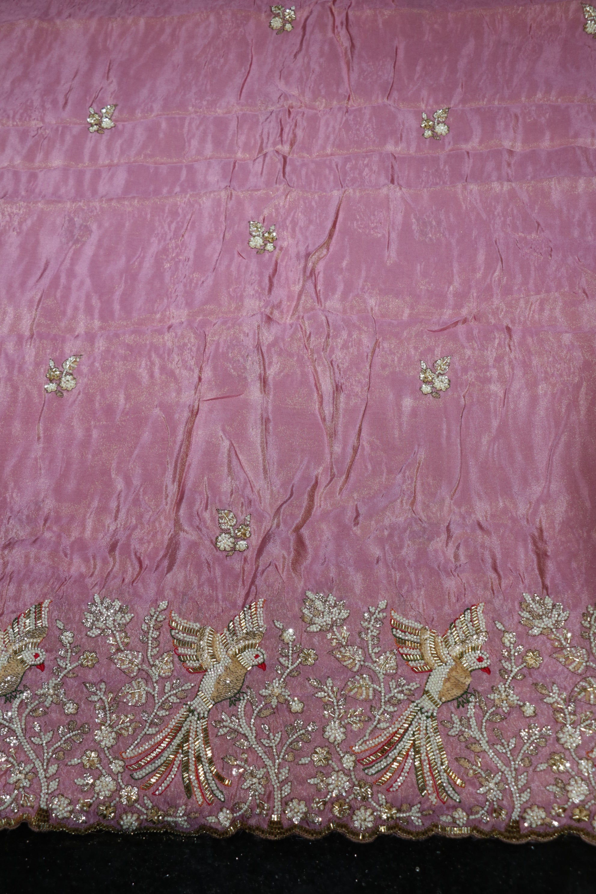 218-Color Set Pure Tissue Gold With Beads and Sequins Embroidery Work 58 Inch Width Daman
