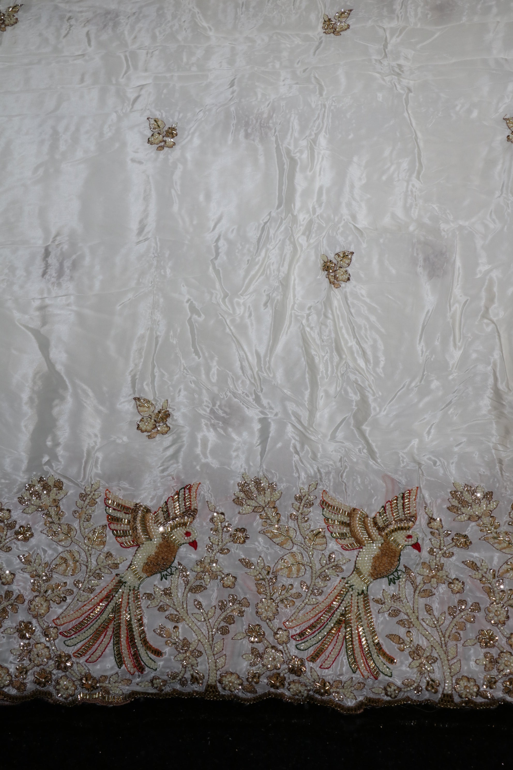 218-Dyable Pure Tissue Gold, Natural Crepe With Beads and Sequins Embroidery Work 58 Inch Width Daman