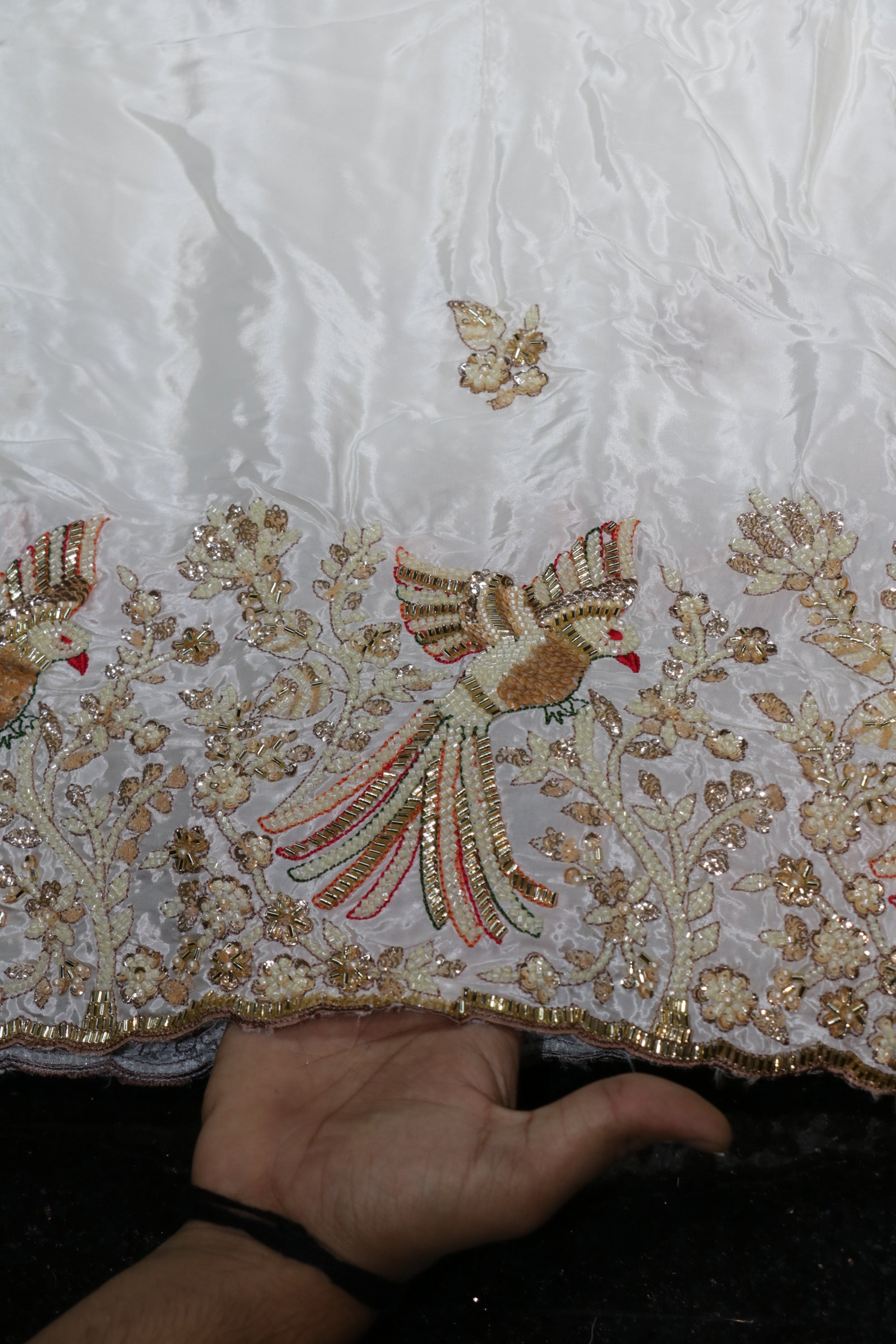 218-Dyable Pure Tissue Gold, Natural Crepe With Beads and Sequins Embroidery Work 58 Inch Width Daman