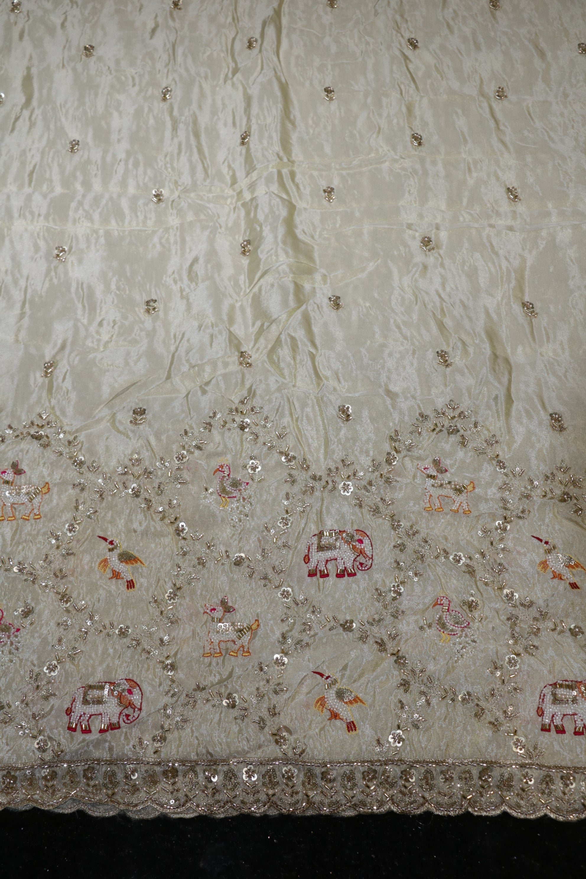 276-Dyable Pure Tissue Gold, Natural Crepe, Tissue Anmol, Kanjivaram With Beads and Sequins Embroidery Work 58 Inch Width Daman