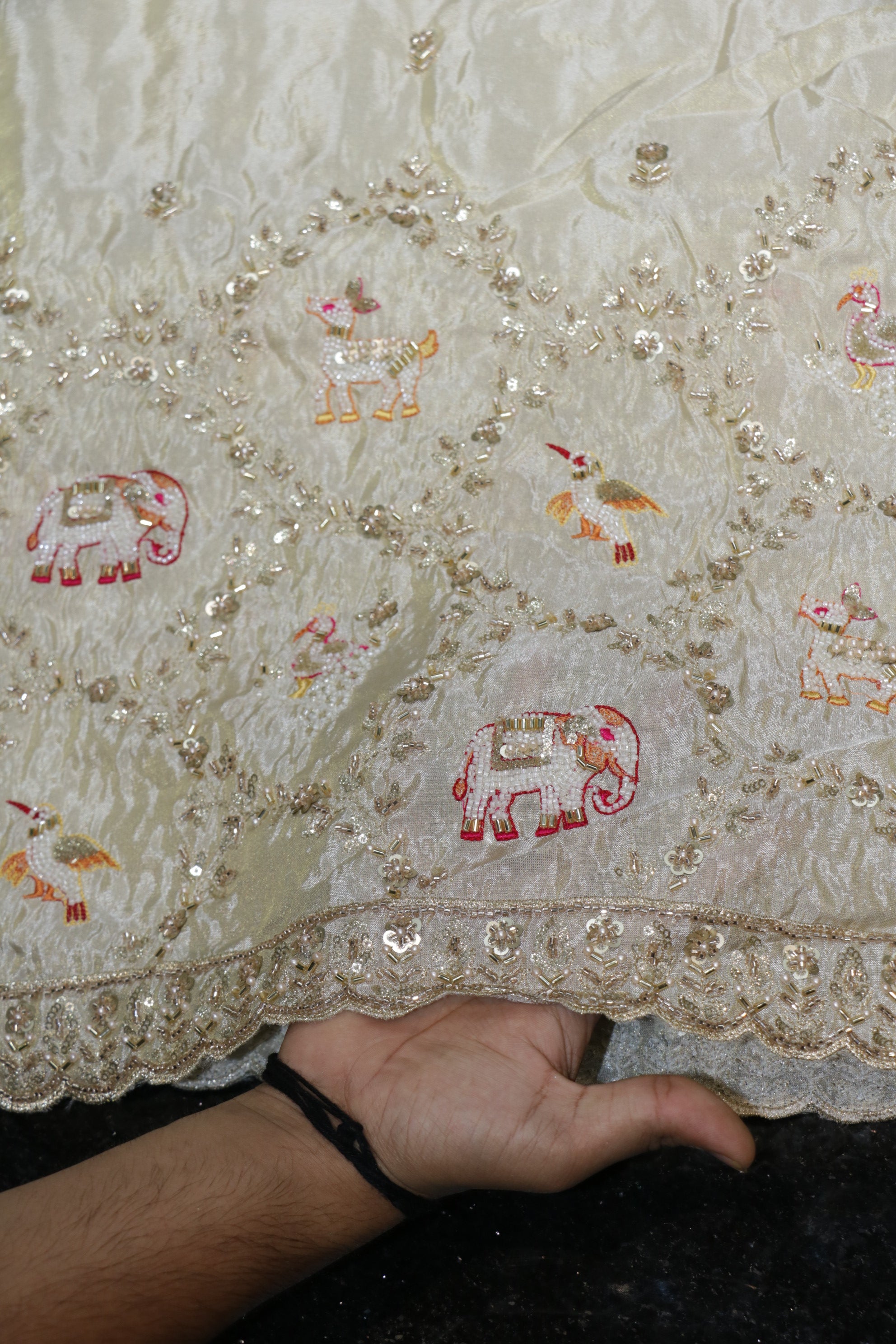 276-Dyable Pure Tissue Gold, Natural Crepe, Tissue Anmol, Kanjivaram With Beads and Sequins Embroidery Work 58 Inch Width Daman